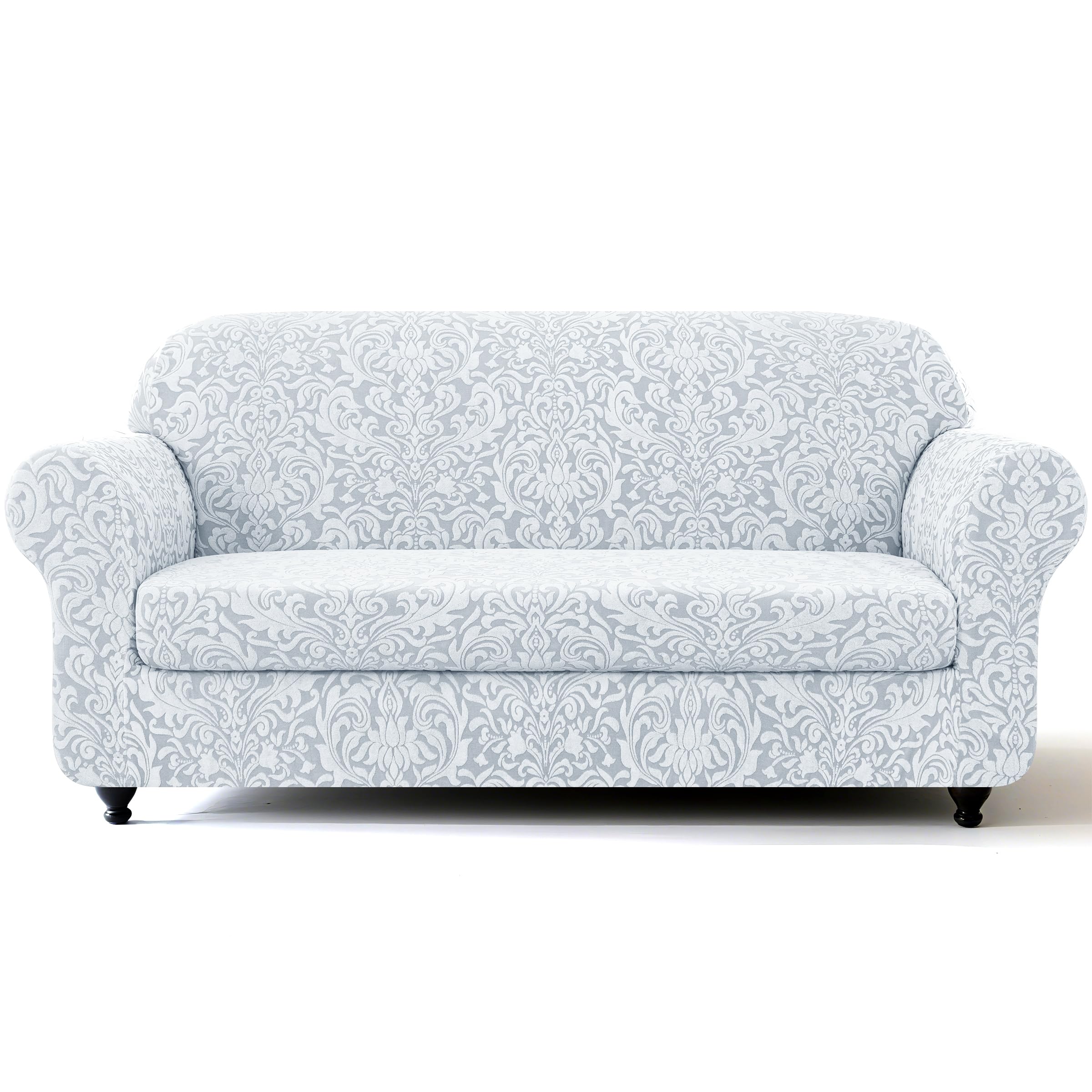 SUBRTEX 2 Piece Couch Covers, Jacquard Damask 3 Seater Sofa Cover with Seat Cushion, Stretch Sofa Slipcovers Non Slip Furniture 