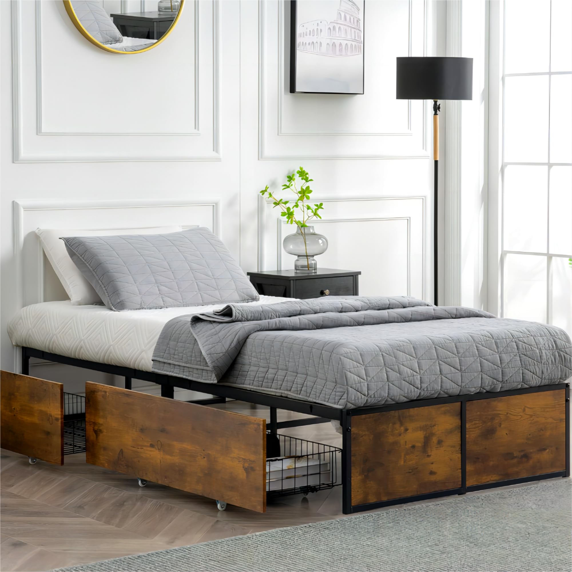GAZHOME Twin Bed Frame with 2 XL Storage Drawers, Metal Platform Bed Frame with Footboard, 9 Strong Metal Slat Support/No Box Sp