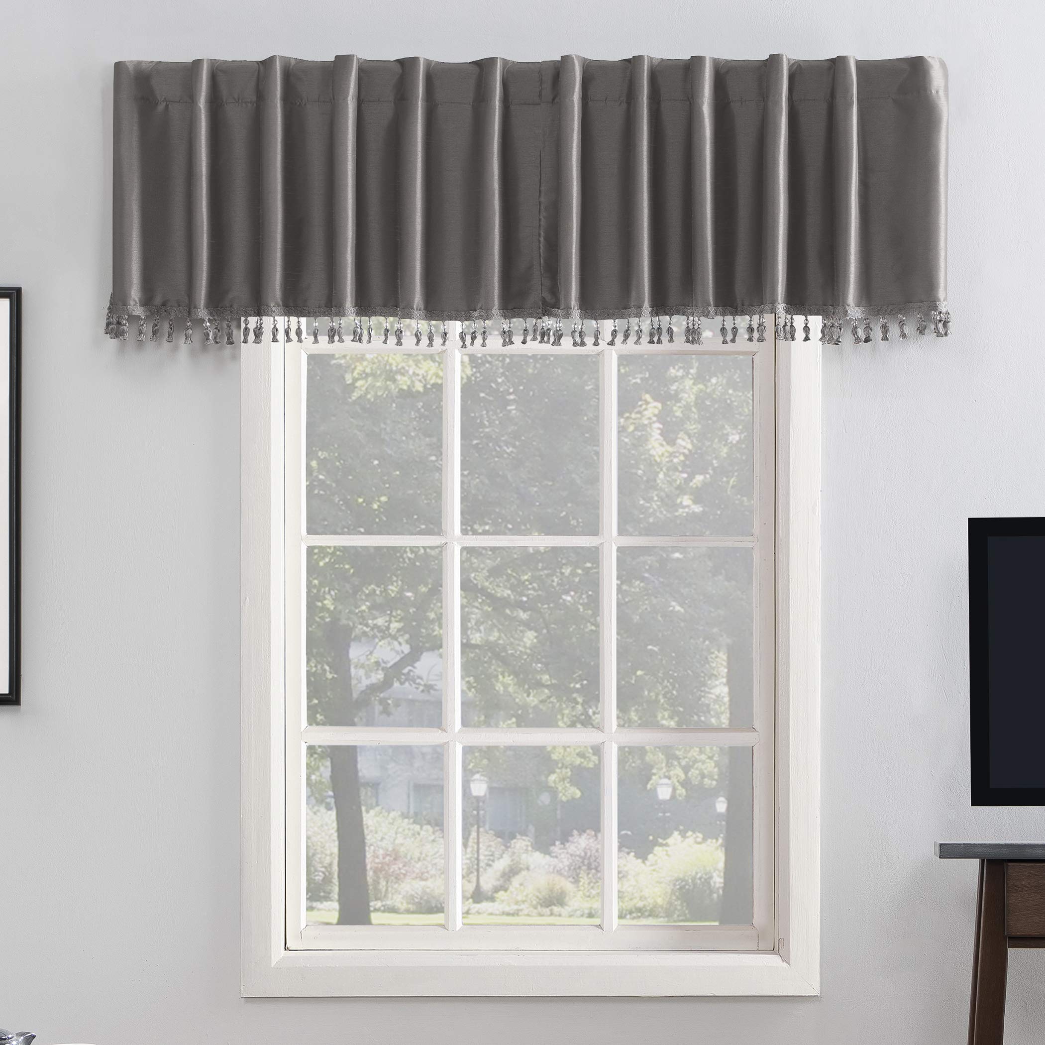 Sun Zero Greyson Faux Dupioni Silk Beaded Tassels Thermal Extreme Total Blackout Back Tab Curtain Valance, 50 x 17, Gray