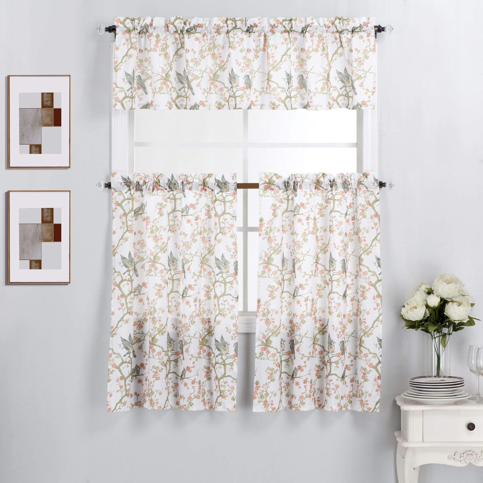 Interior Trends 3 Piece Kitchen Window Curtain Panel Tiers and Valance Set (36 Tiers Set, Bird Blossoms Coral)