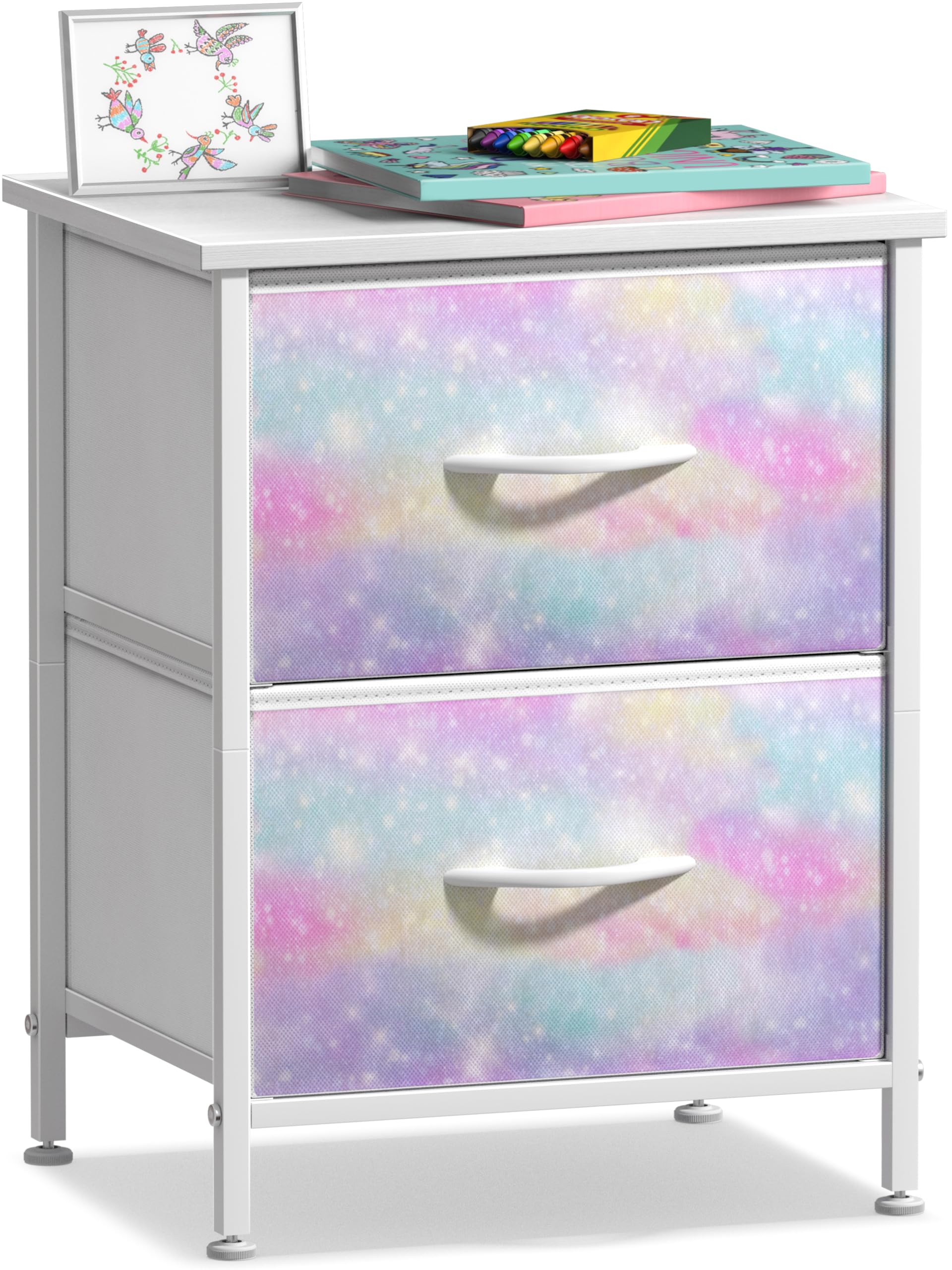 Sorbus Kids Dresser with 2 Drawers - Storage Chest Organizer Nightstand - Steel Frame, Wood Top, Tie-Dye Fabric Bins for Clothes