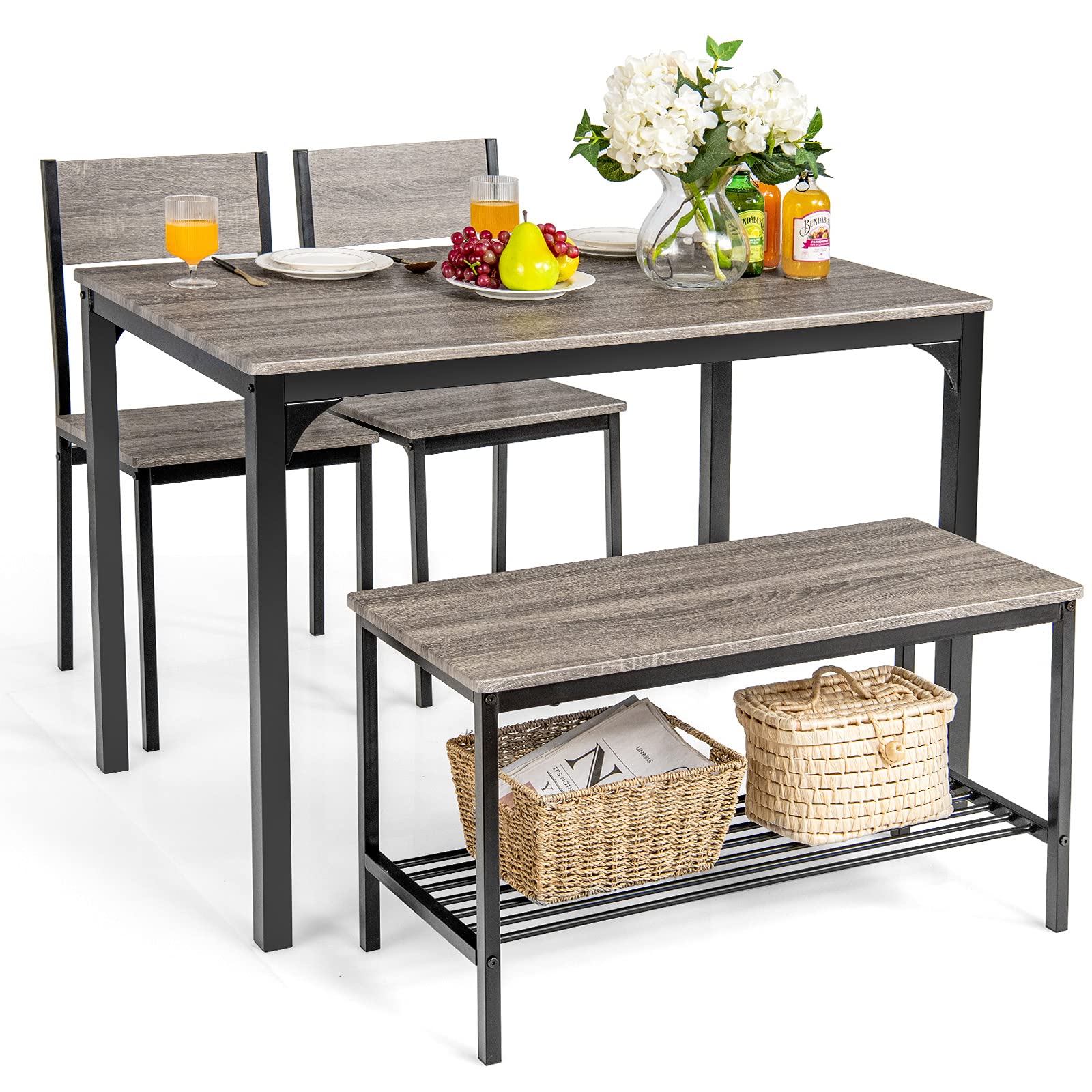 Giantex Dining Table Set for 4, Kitchen Table with Bench and Chairs, Industrial Gathering Bench Dining Set W/Metal Frame & Stora