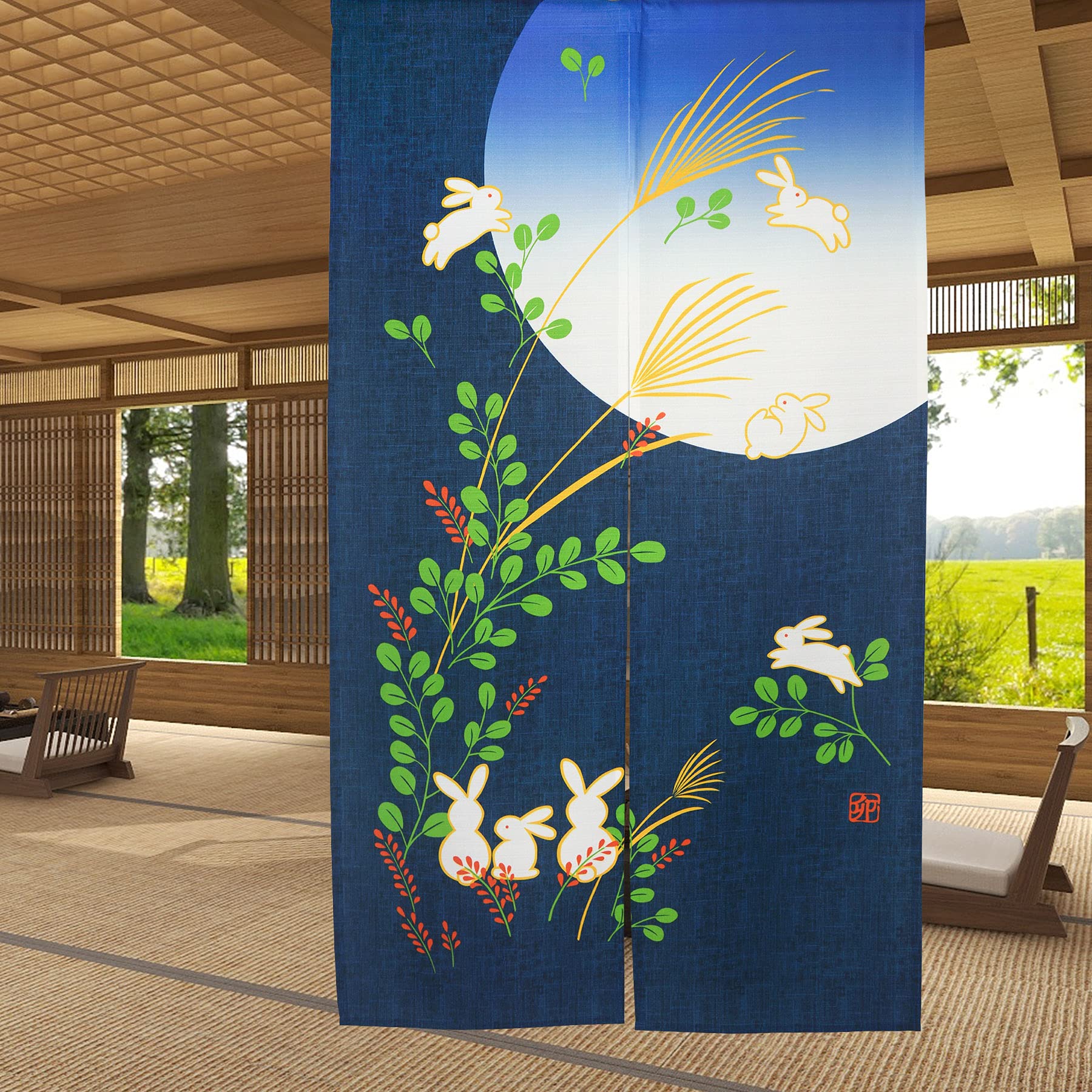LIGICKY Japanese Doorway Curtain Noren Cute Rabbit Under Moon Decoration Blue 33x59inch