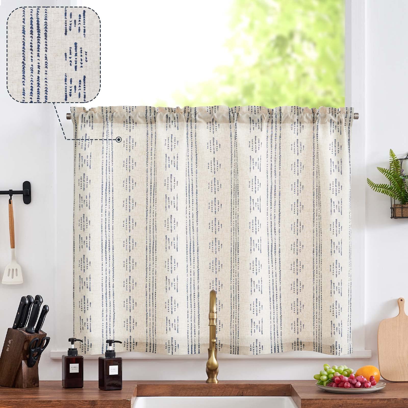 jinchan Boho Kitchen Curtain Linen Tier Curtain Bohemian Cafe Curtain 24 Inch Geometric Striped Small Window Curtain Light Filte
