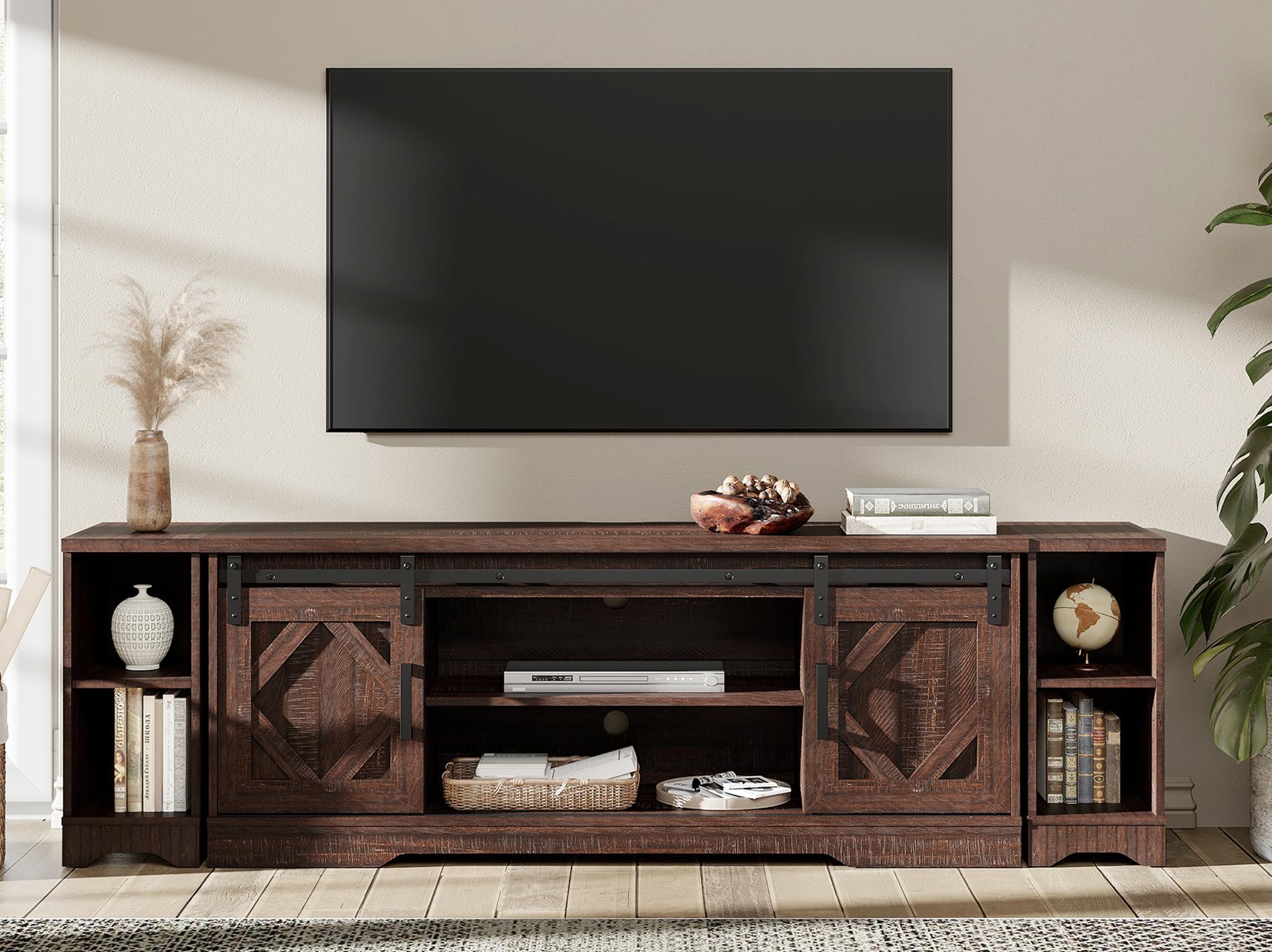 WAMPAT Modern Farmhouse 3 in 1 TV Stand for up to 85  TVs Wood Entertainment Center with Sliding Barn Door and Adjustable Media 