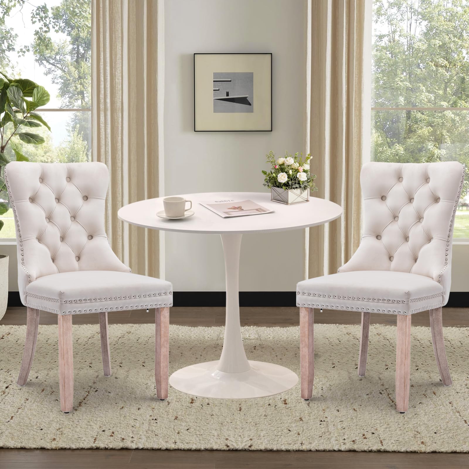 SoarTalent 3-Piece 31.5 Round Dining Table Set for 2, White Table & Beige Velvet Upholstered Dining Chairs, Modern Style, Kitche