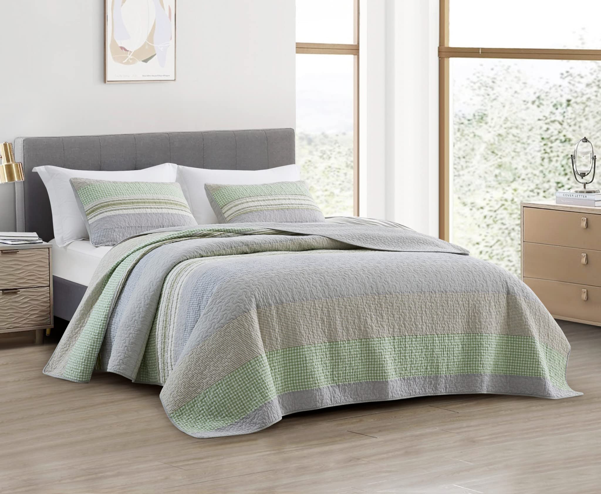 Chezmoi Collection Rene 3-Piece Boho Chic Patchwork Stripe Quilt Set - Green Gray White Plaid Candy Stripe Reversible Bedspread 