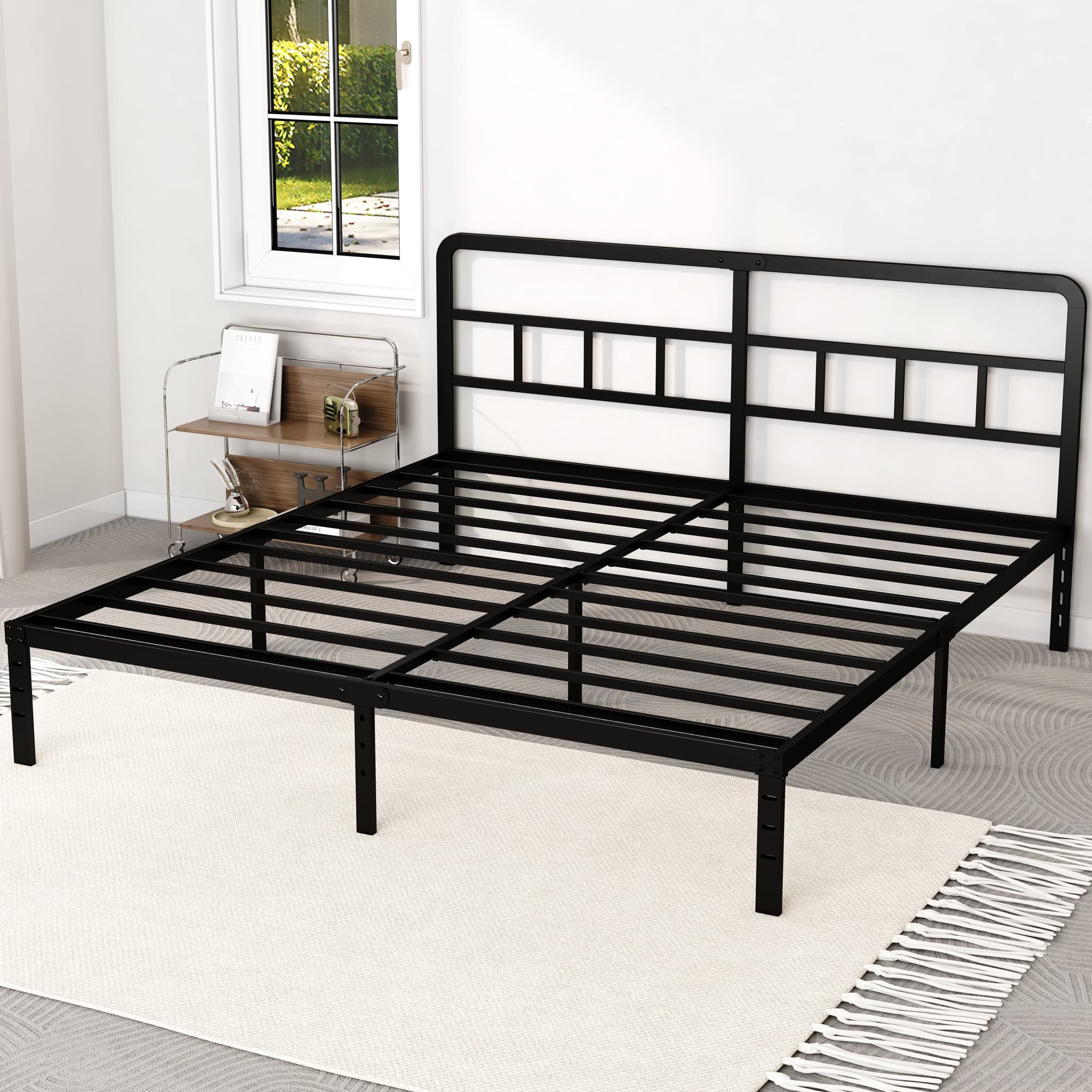 DiaOutro Metal Platform King Bed Frame with Headboard, 14 Inch No Box Spring Needed Heavy Duty Steel Slat Mattress Foundation/Ea