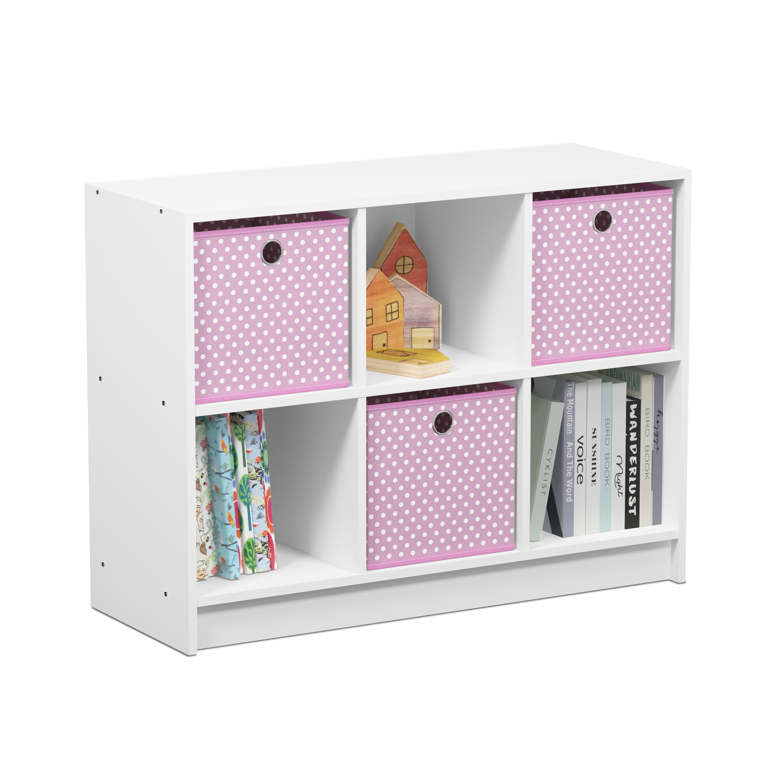 Furinno Basic 3x2 Cube Storage Bookcase Organizer with Bins, White/Light Pink