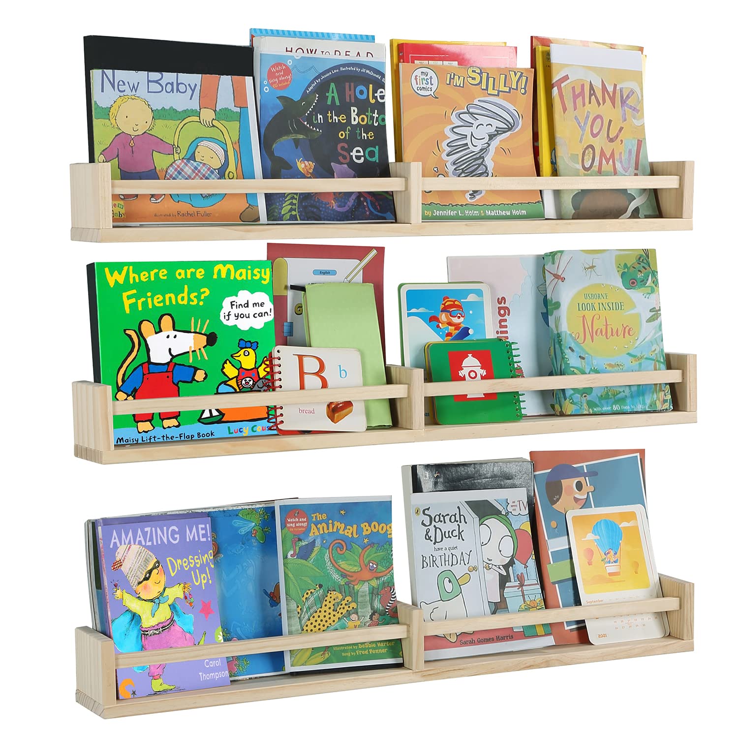 Austin yan Nursery Bookshelves Wall Mounted,32inch,Set of 3, Wood Floating Wall Bookshelf for Kids,Natural Wood Color,Hanging Sh