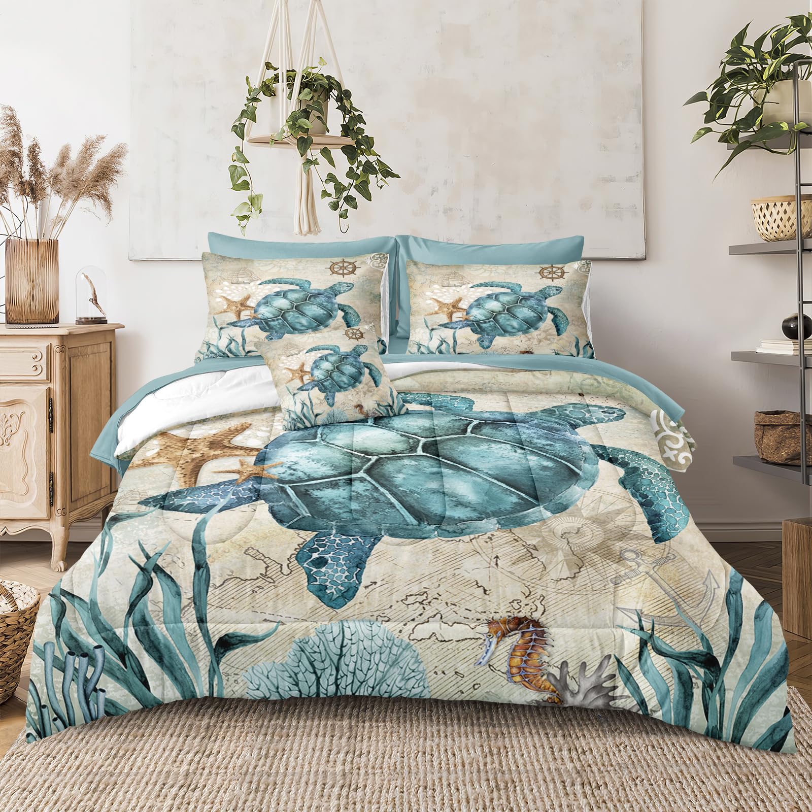 Merryword 8 Pieces Blue Green Comforter Set California King Size Ocean Life Bed in a Bag Turtle Beach Bedding Set Hawaii Style S