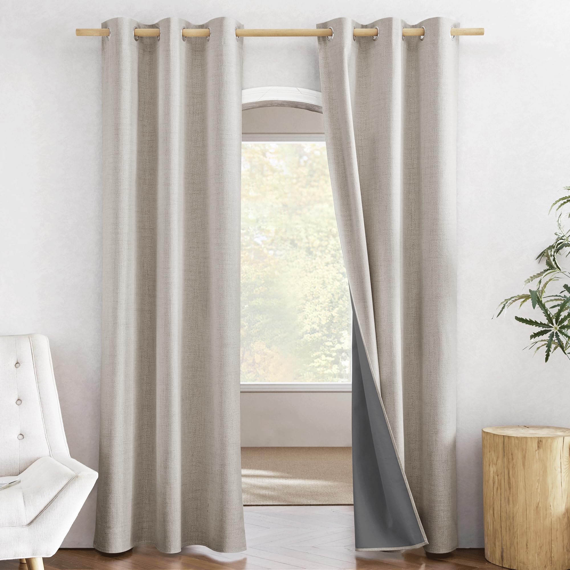 NICETOWN Oatmeal Full Blackout Boho-Chic Linen Curtains 84 inch Long 2 Panels Set for Cafe Window, 42 inch Wide, Thick Linen Ble