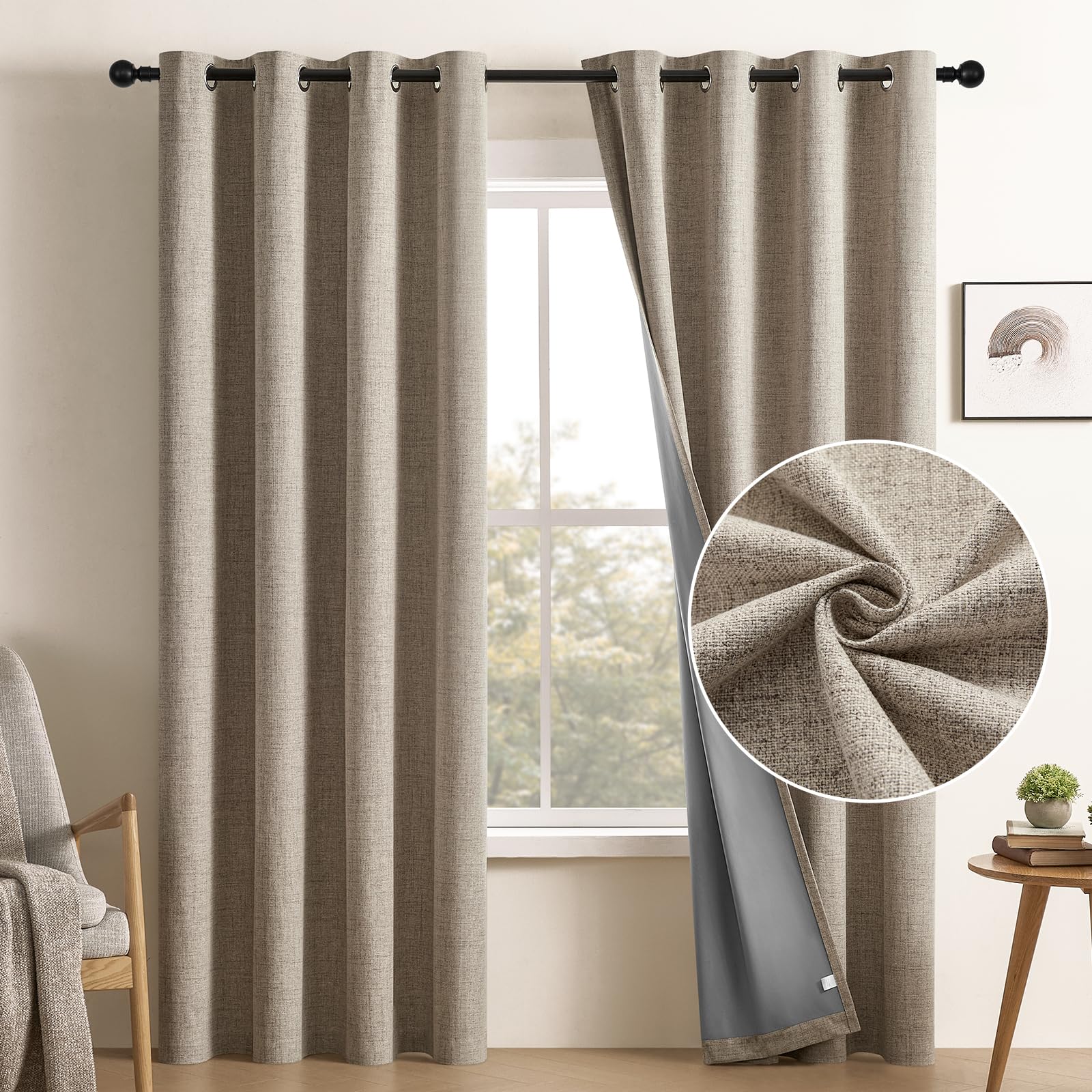 CUCRAF Full Blackout Window Curtains 90 inches Long, Faux Linen Look Thermal Insulated Grommet Drapes Panels for Bedroom Living 