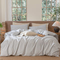 MooMee Striped Duvet Cover Set 100% Washed Cotton Linen Like Textured Breathable Durable Soft Comfy (Tannish Linen Grey White Pi