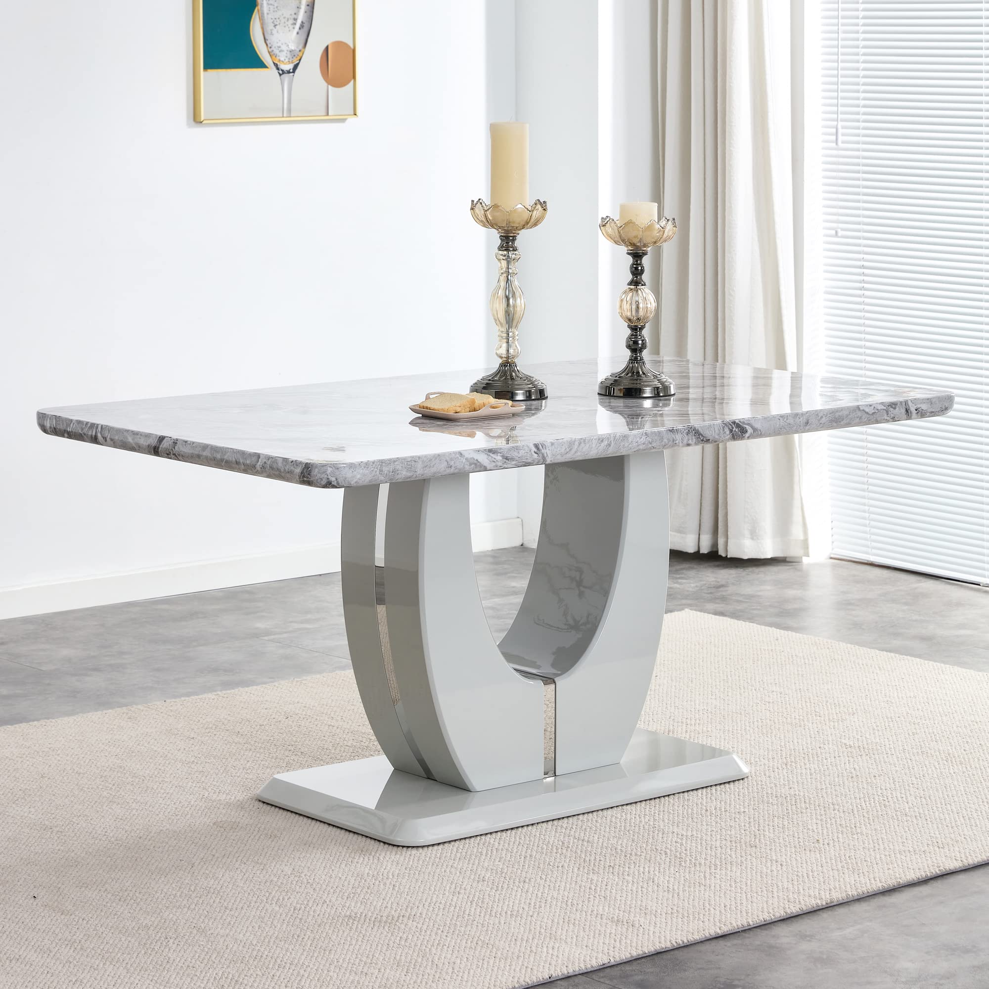 JUFU Modern Dining Table Set for 6,Rectangula Kitchen Table Set with Faux Marble Tabletop&6 Pu Leather Upholstered Chairs Ideal 