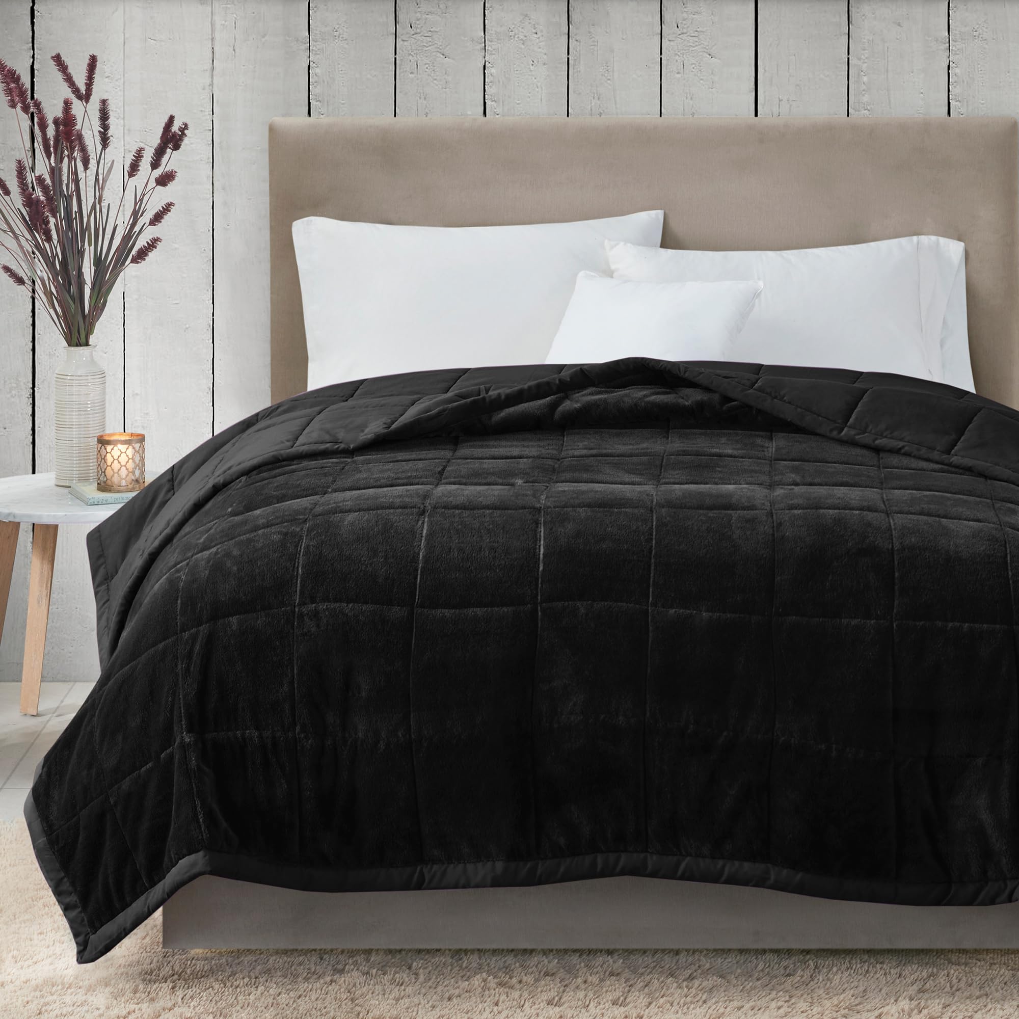 Madison Park Queen Cozy Blanket HeiQ Smart Temperature Plush to Microfiber Reverse Box Quilting, Reversible, Soft All Season, Li