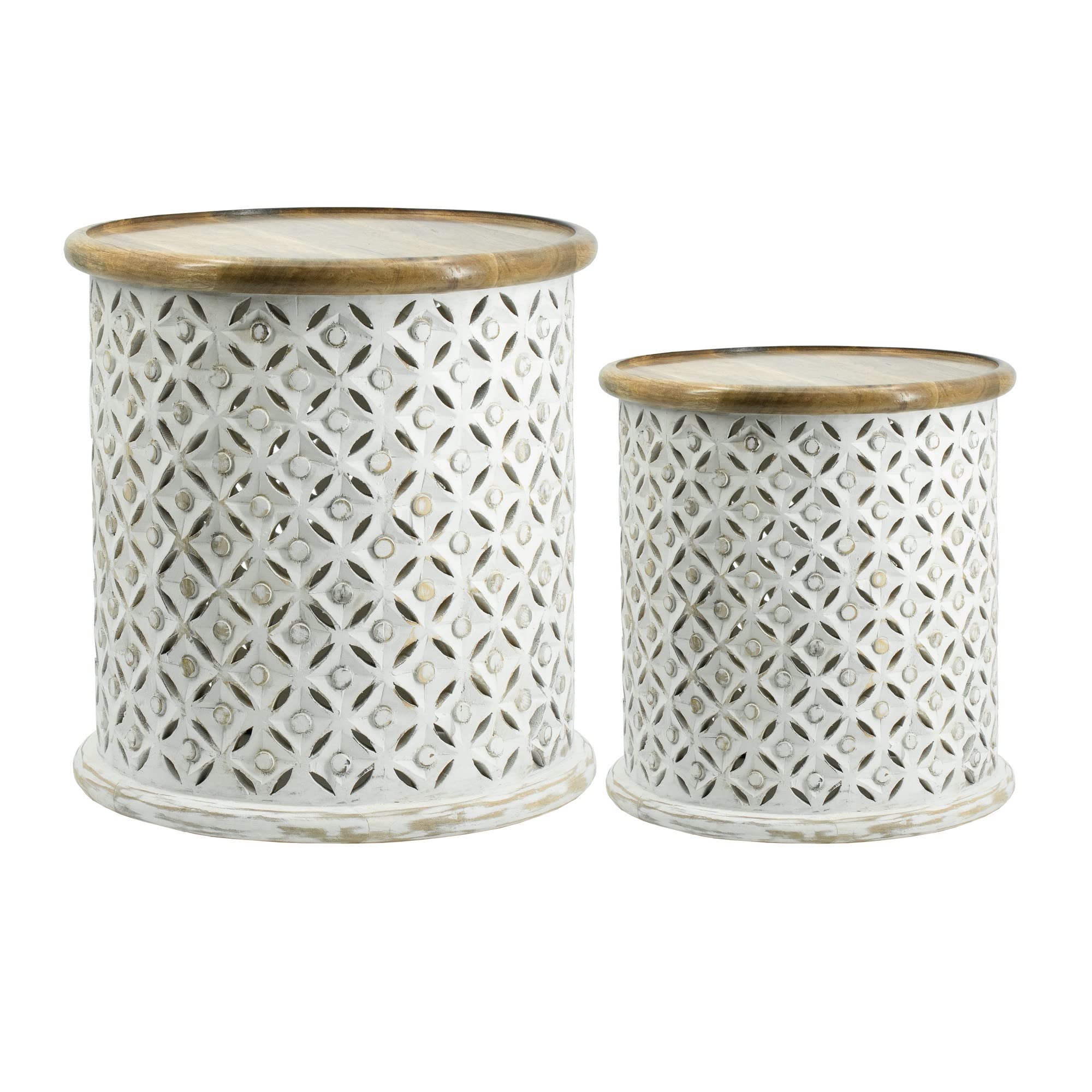 Benjara 18, 16 Inch Accent Tables, Round, Mango Wood, Floral Cut Out, White and Brown