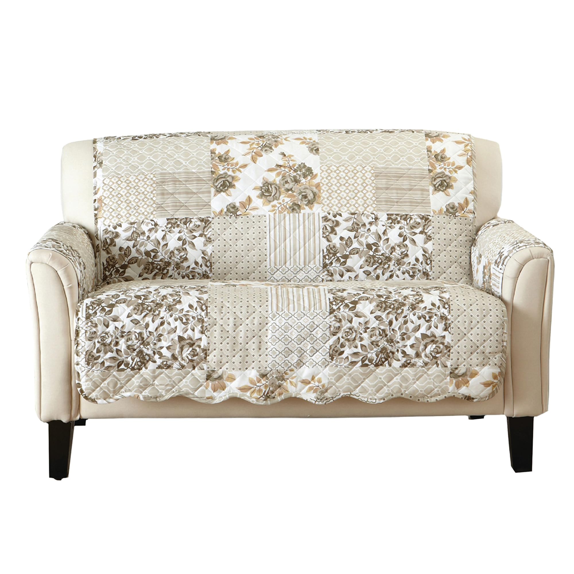 Great Bay Home Patchwork Scalloped Printed Furniture Protector Stain Resistant Loveseat Cover (Loveseat, Taupe)