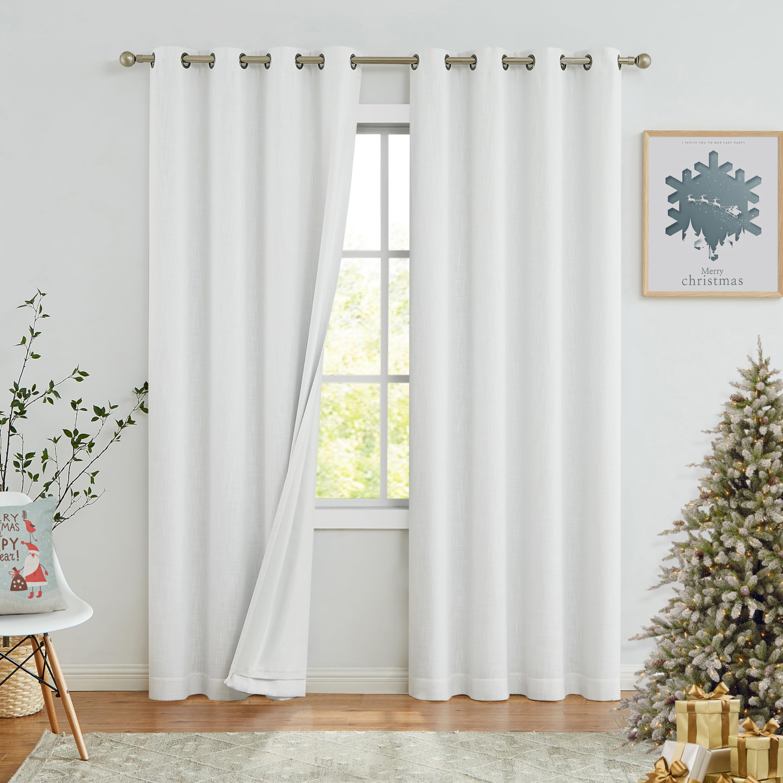 White Solid Full Blackout Window Curtains for Bedroom Noise Reducing Thermal Insulated Drapes Heavy Linen Texture 8 Grommets Top