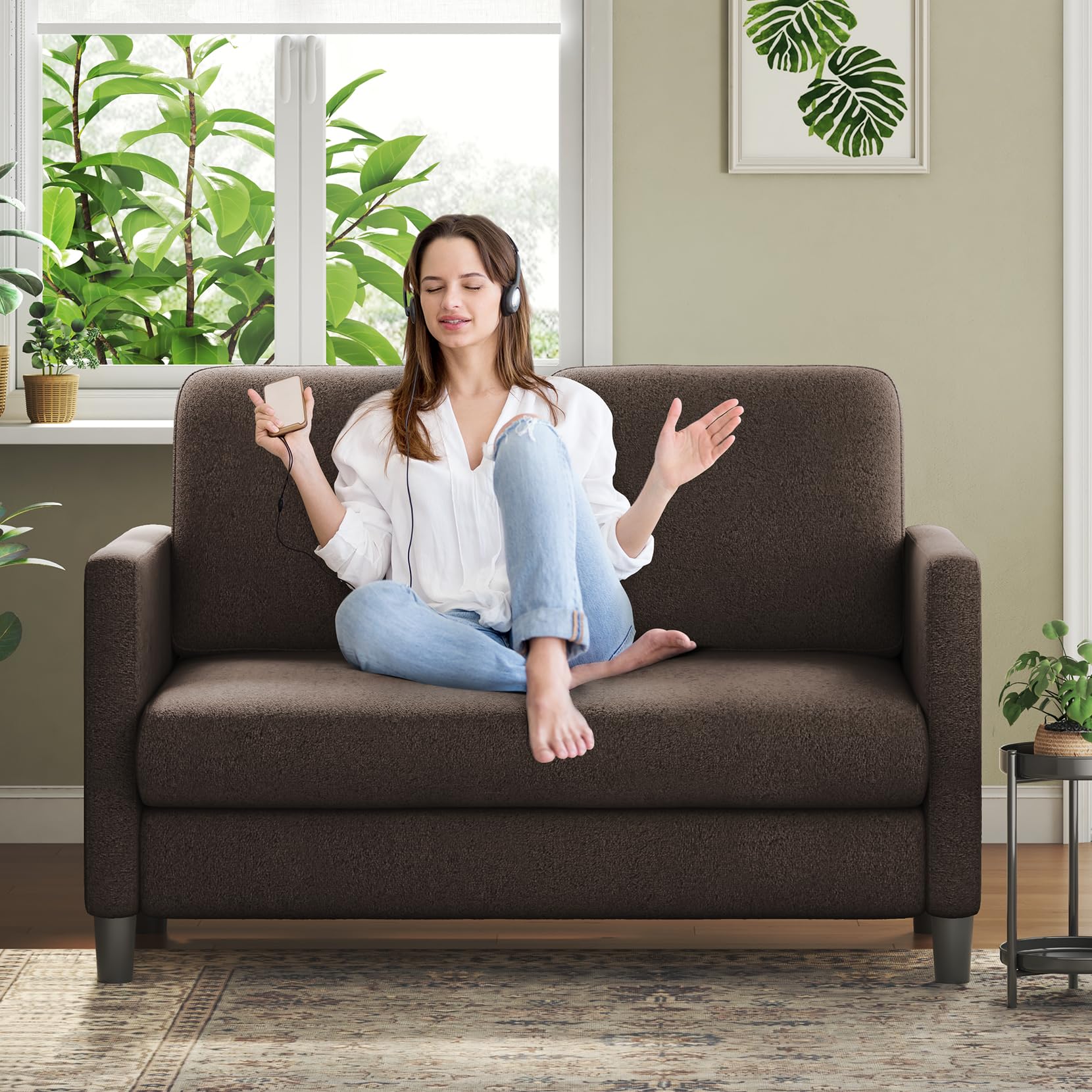 Welzona Loveseat Sofa, 51 Small Sofa Couch for Bedroom, Comfy Teddy Love Seat, Tool-Free Setup Sofas for Living Room, All-Wood S