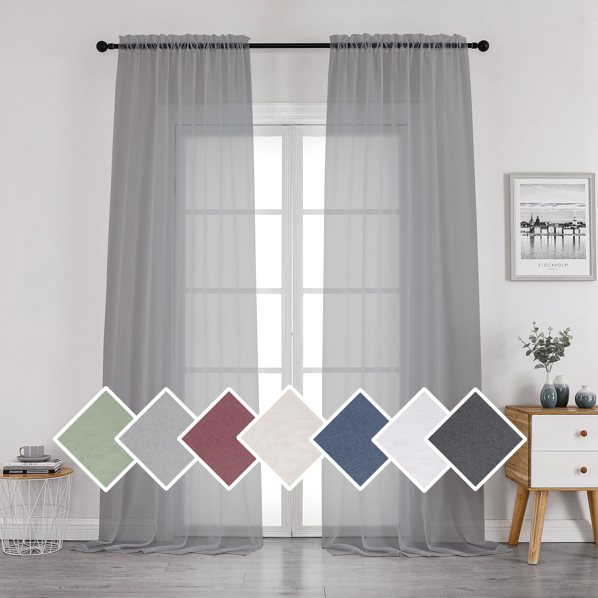 OVZME 2 Panels Solid color Sheer 96 Length Window curtains, Elegant Voile PanelsDraperiesTreatment for Bedroom Living Room (char