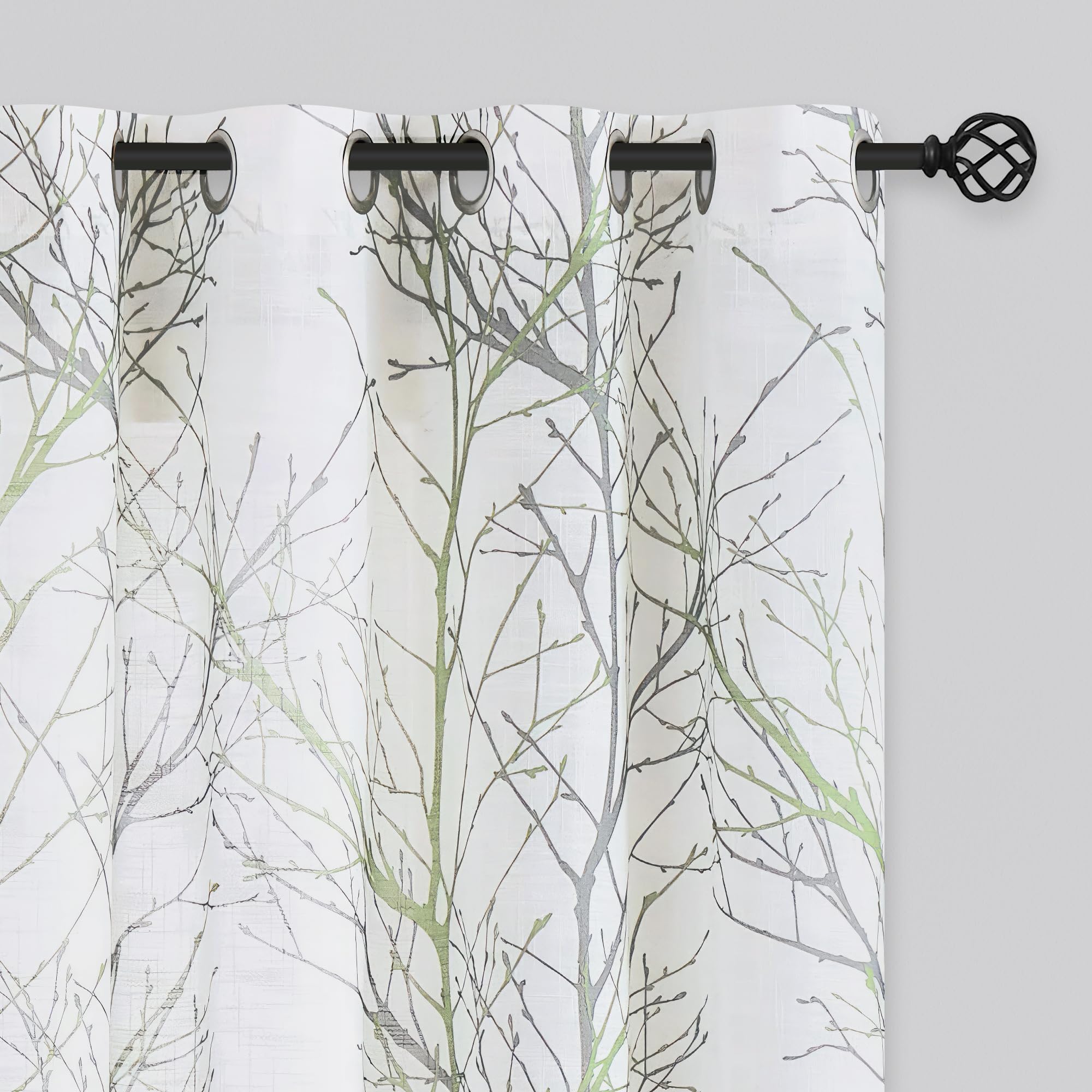 FMFUNCTEX Linen Semi Sheer Curtains for Bedroom, Sage Green White Curtains 84 Inches Long for Living Room, Grey Tree Branch Prin