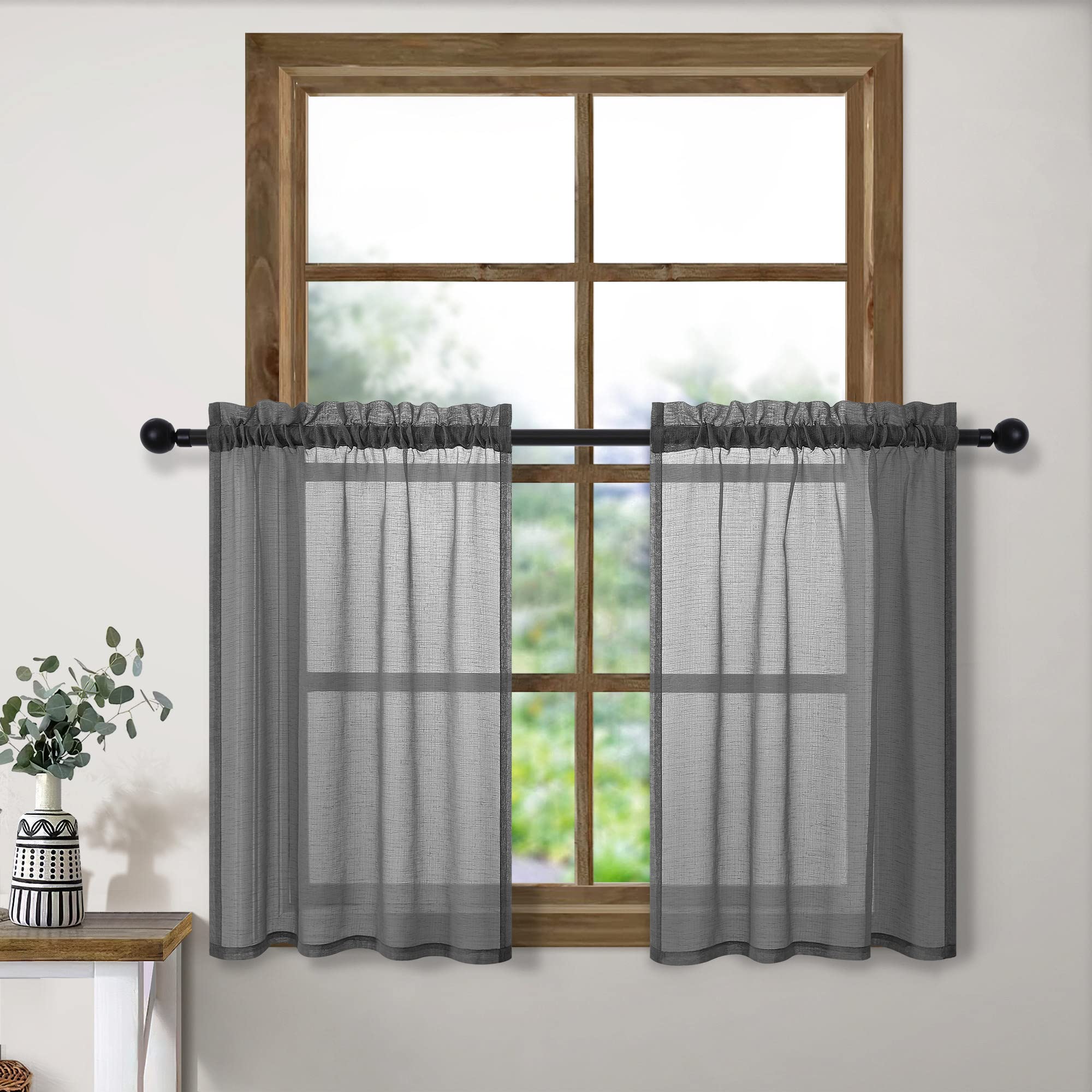 Grey Sheer Curtains 24 Inch Length for Small Windows Set 2 Pieces Rod Pocket Sheer Kitchen Curtains Linen Textured Lightweight F