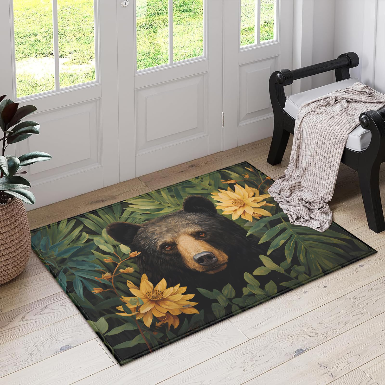 Wild Brown Bear Indoor Door Mat, Flower Outdoor Entrance Doormat for Entryway Kitchen Bathroom 17 X 29 Inch