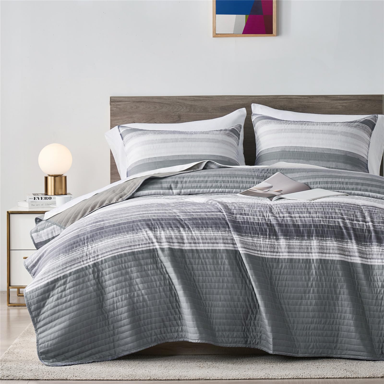 KAKIJUMN Twin Quilt Bedding Set, White and Grey Patchwork Striped Quilt Set, 2 Pieces Soft Lightweight Bedspread Coverlet Set wi