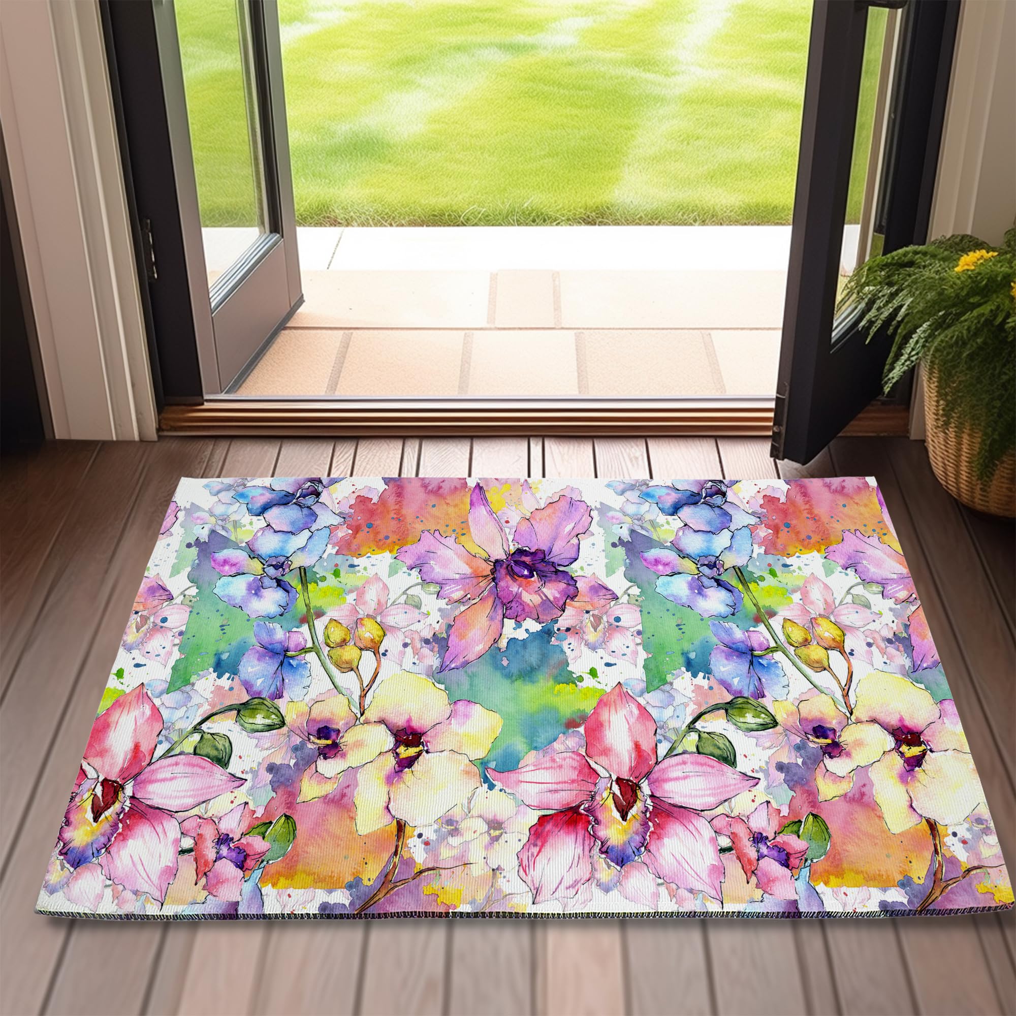Wildflower Welcome Door Mat,Watercolor Orchid Flower Door Mat for Outside Entrance Home Decor,Non-Slip Carpet Rugs with Felt Ent