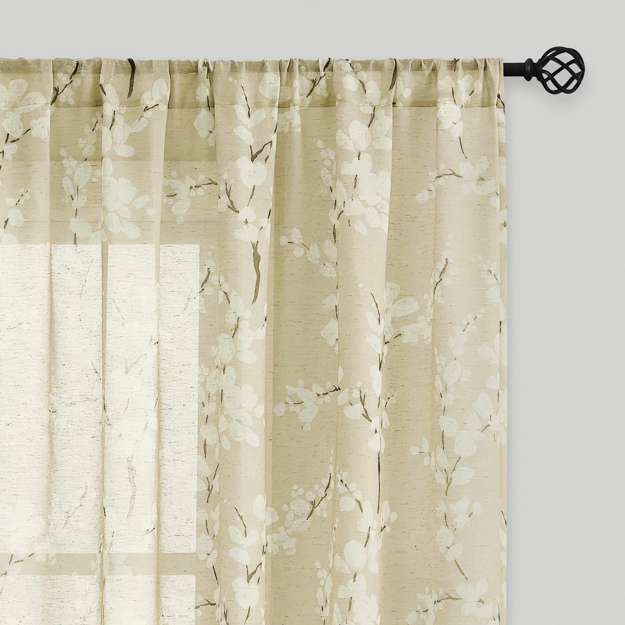 FMFUNCTEX Linen Sheer Curtains for Living Room, Cream Blossom Floral Print Curtains 96 Inches Long for Bedroom, Light Filtering 