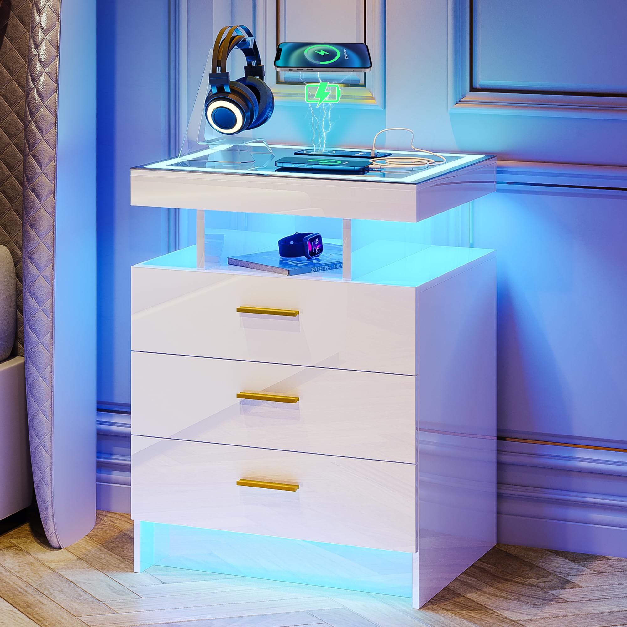 Lvifur LED Nightstand with Wireless Charging Station, Auto Sensor 3 Color Dimmable Night Stand, Modern Bedside Table with 3 Draw