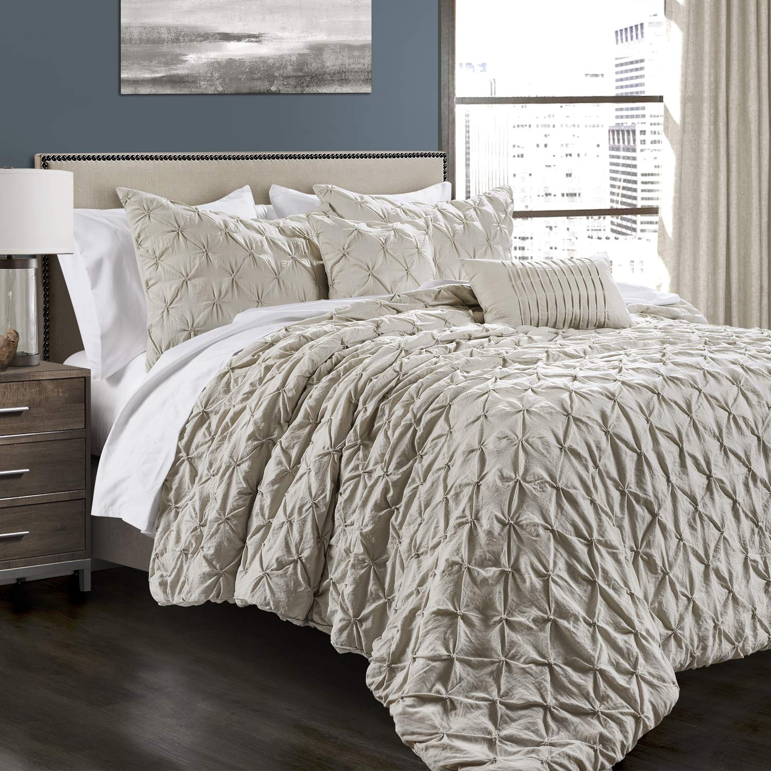 Lush Decor Ravello Pintuck Comforter Set - Luxe 5 Piece Textured Bedding Set - Traditional Glam & Farmhouse Inspired Bedroom Dec