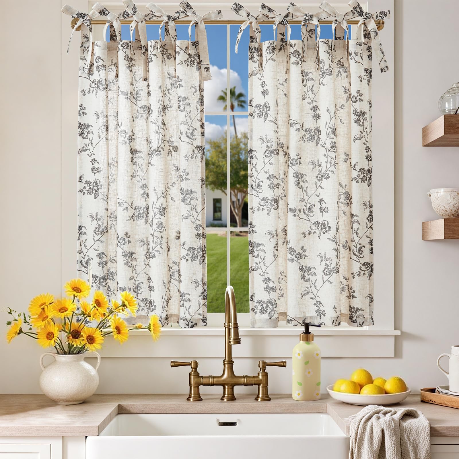 jinchan Floral Kitchen Curtains 36 Inch Linen Tier Curtains Farmhouse Cafe Half Window Drapes Over Sink Light Filtering Black on