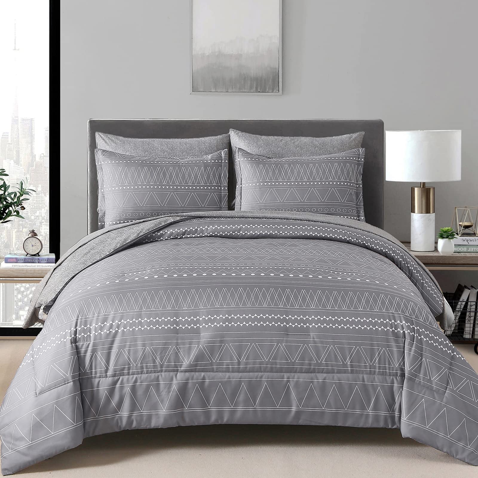 WONGS BEDDING 7 Pieces Grey Boho Comforter Set King Size,Dark Grey Texture Geometric Bed in a Bag Comforter Reversible Soft Micr