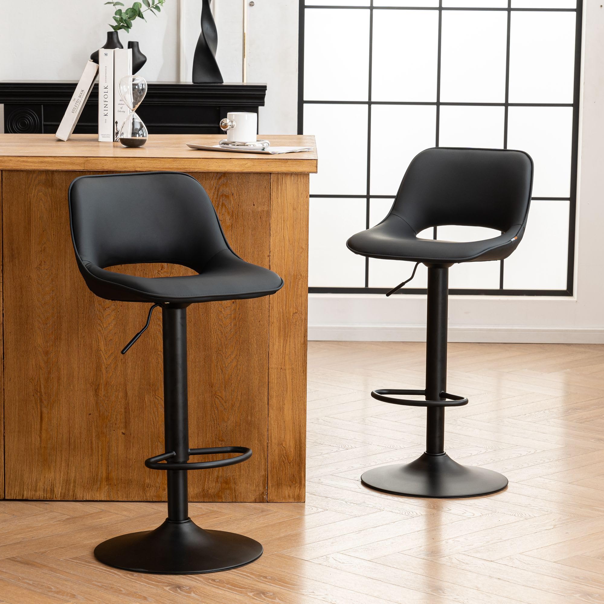 YOUNIKE Bar Stools Set of 2 Black Modern Swivel Barstools, Adjustable Counter Height Bar Stools Faux Leather Upholstered Counter