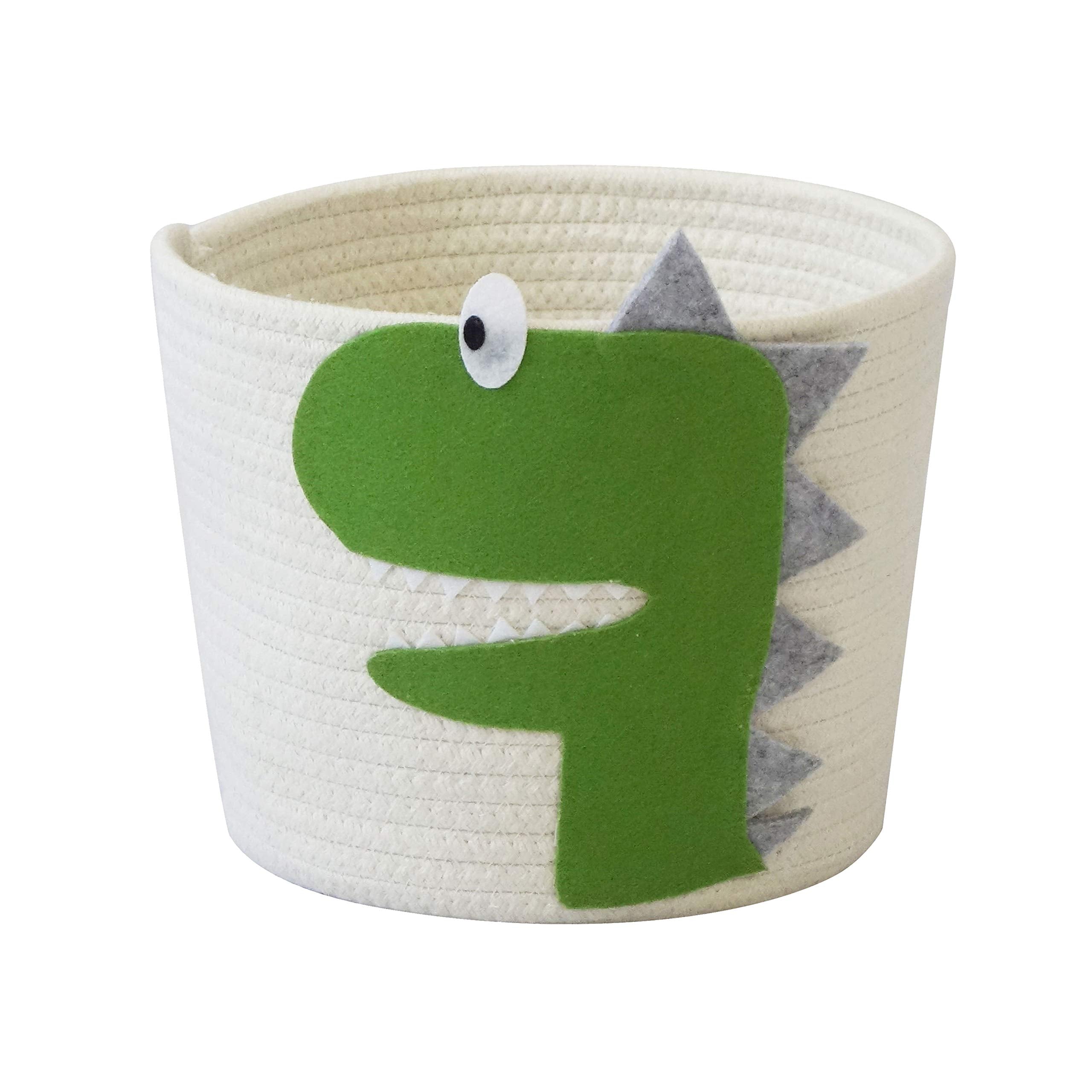 T&T Homewares Small Cotton Rope Basket with Cute Green Dinosaur for Baby Diaper Organizer, Woodland Nursery Storage, Kids Room O