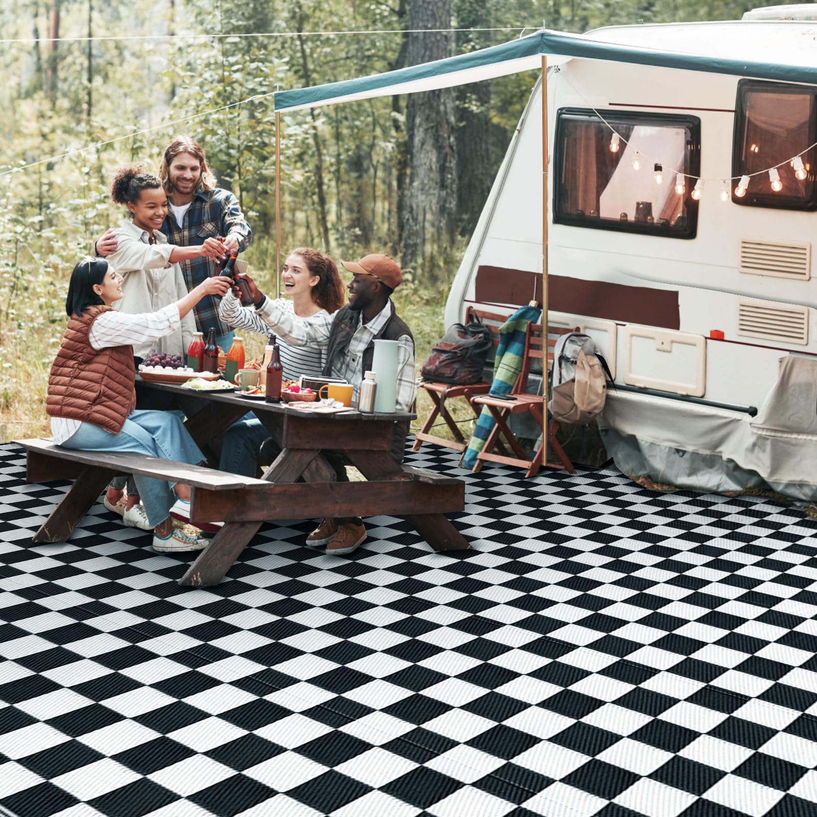 GOTGELIF Black and White Classic Checkerboard Outdoor Area Rug 9x12FT, Reversible & Water-Resistance & Portable Plastic Straw Ru