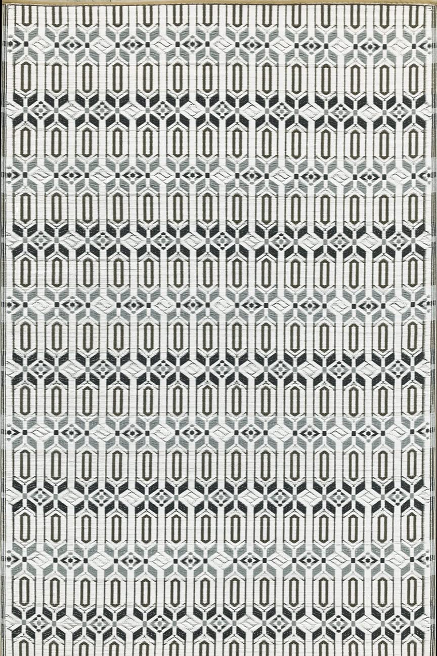 Mad Mats Geometric Moroccan Grey & White Outdoor Rug, Reversible Plastic Mat for Patio, Porch, Poolside, Mudroom, Camping, RV, D