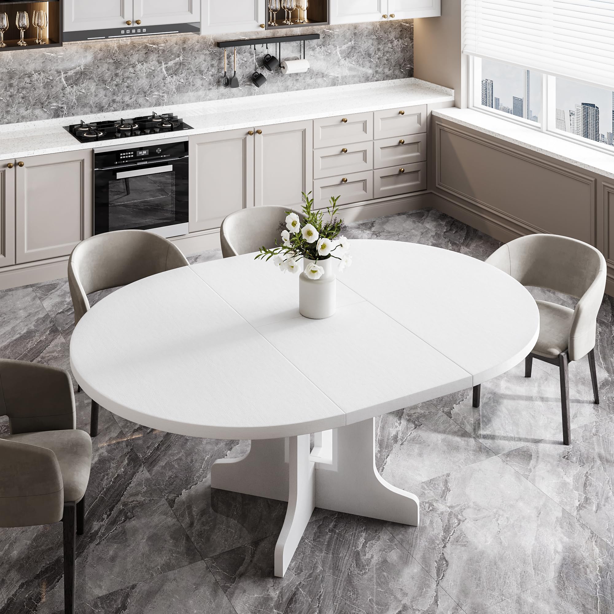 Feonase 59 Round Extendable Dining Room Table for 6, Modern Oval Kitchen Table with Heavy Duty Wood Base, for Kitchen Dining Liv