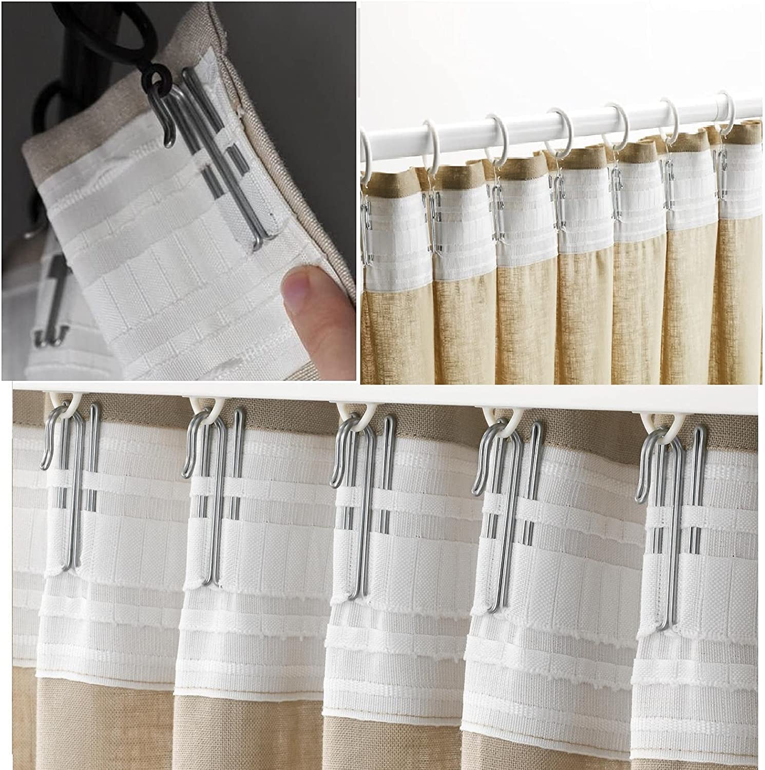 Curtain Tape with Hooks. Perfect for Ceiling Track System or rods with Curtain Rings (50 Tape, 10 Hooks)