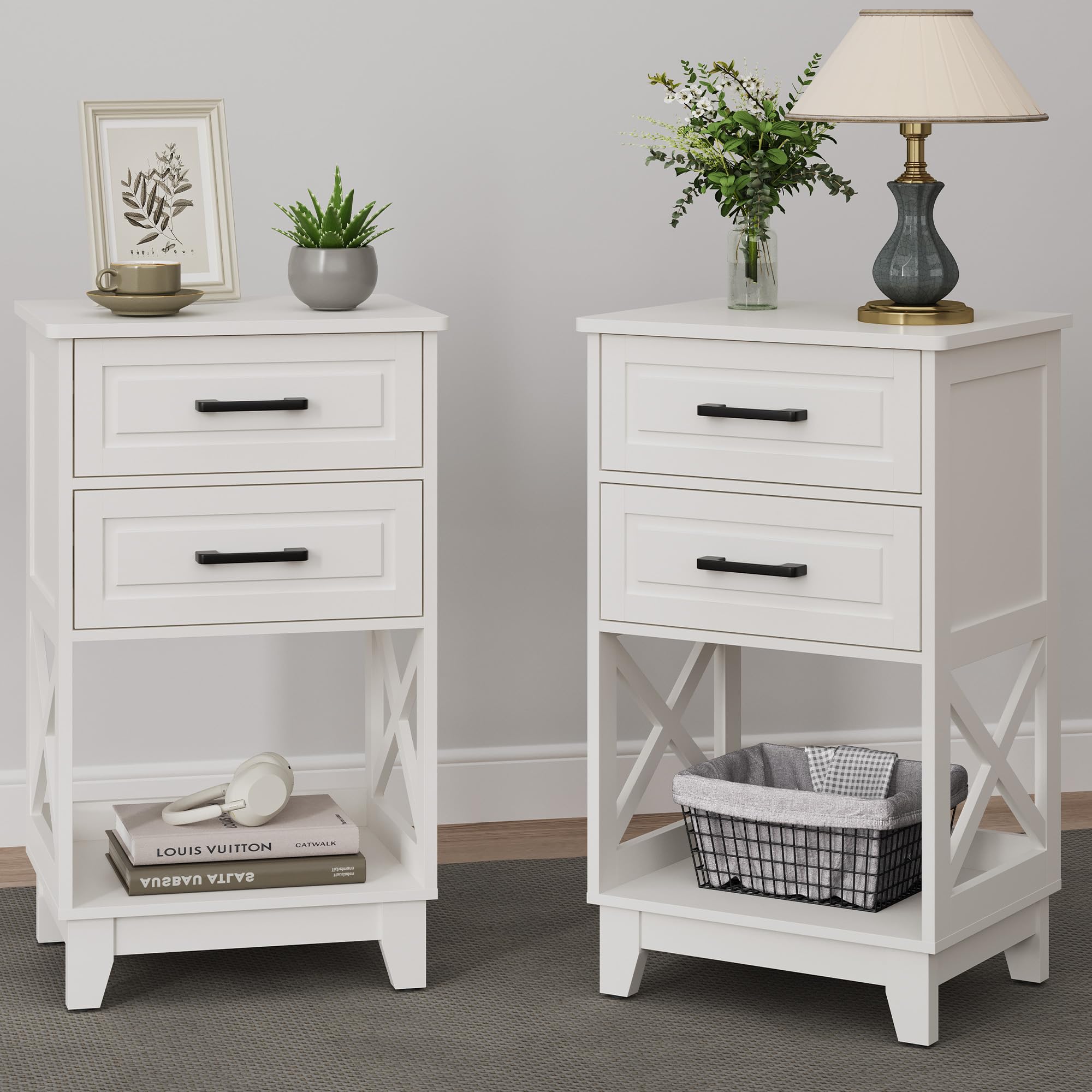 RoyalCraft Tall Nightstand Set of 2, White Side Table with 2 Drawers and Open Shelf Below, Bedside Table with Solid Feet, Modern