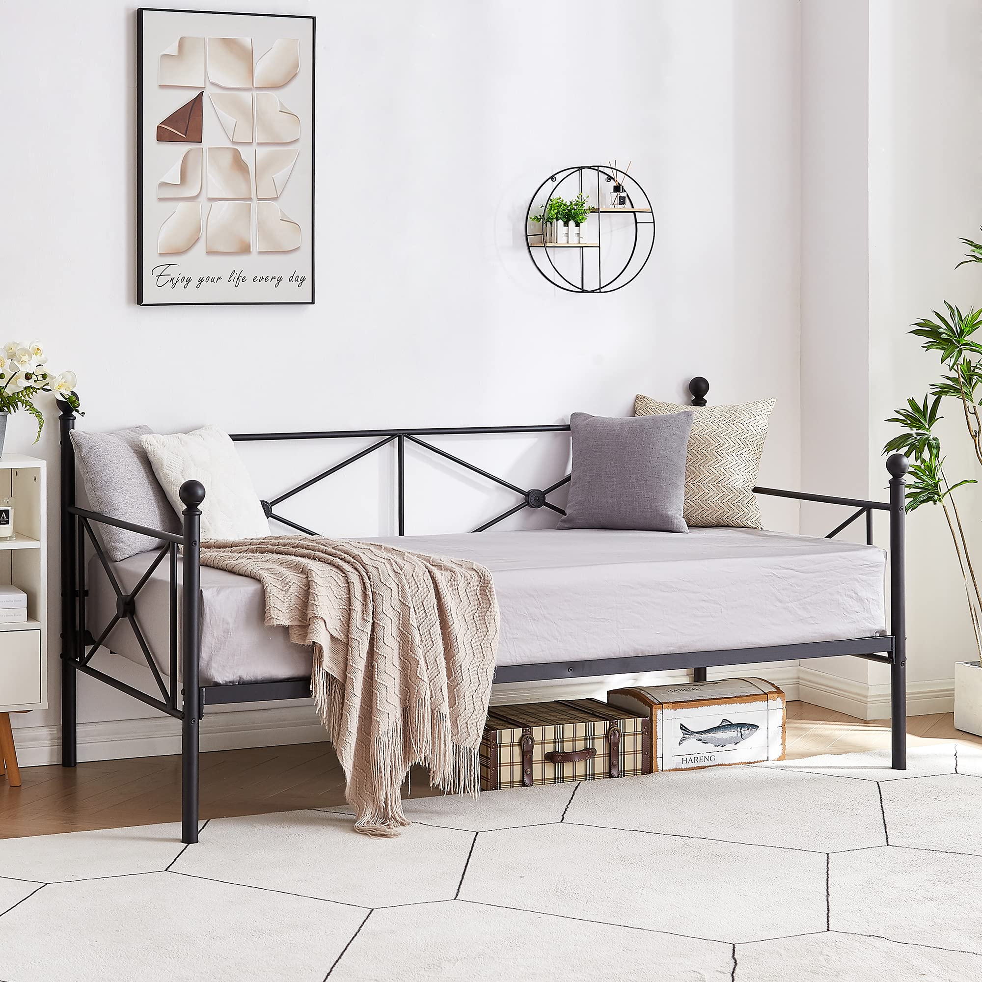VECELO Twin Daybed Frame, Metal Day Bed with Stylish Headboard, Multifunctional Platform Beds for Bedroom, Guest Room, No Boxing