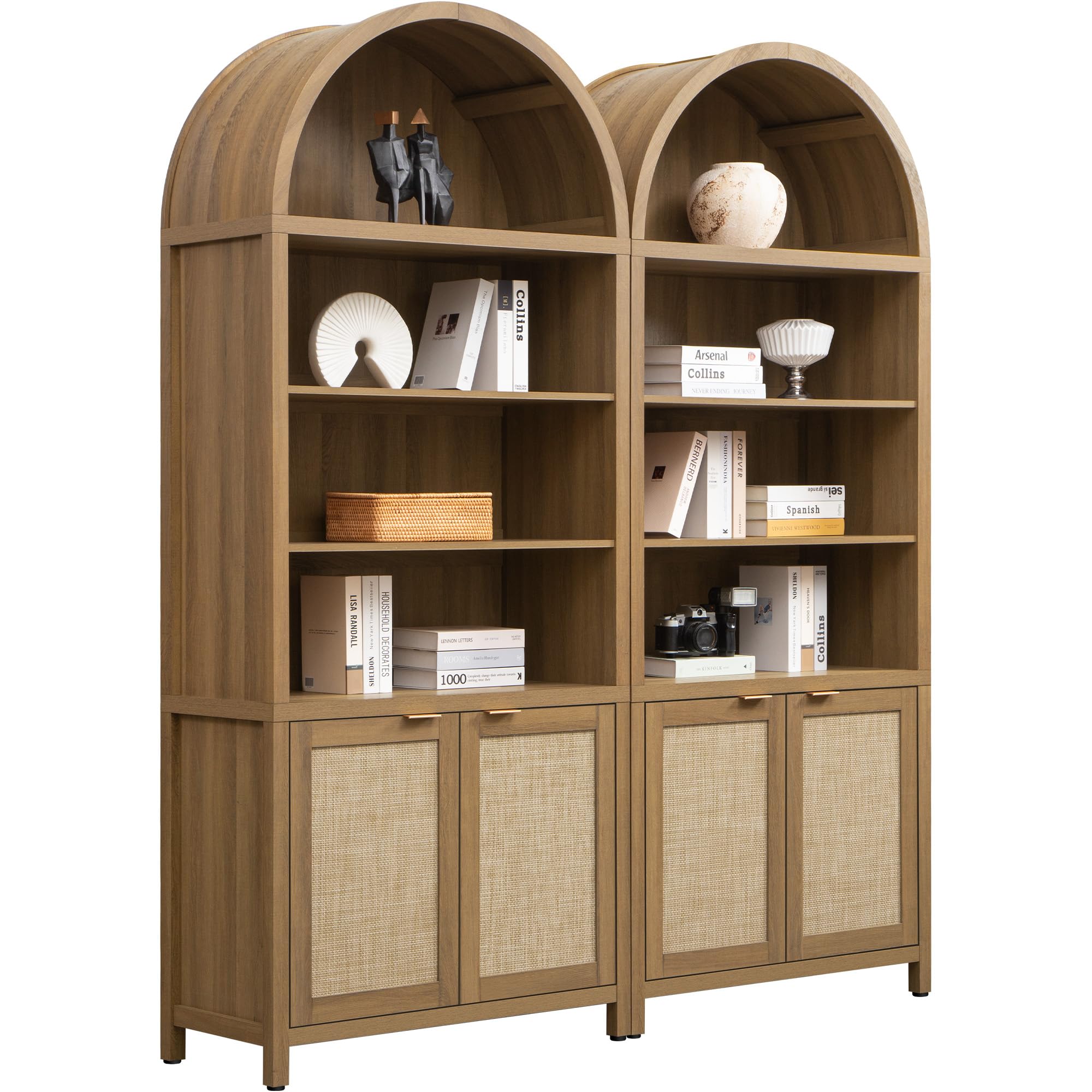 SICOTAS Book Shelf Arched Cabinet Bookshelf Arch 84.2  Tall Bookcase 5 Tier Large Bookshelves with Doors Storage Rattan Boho Wid