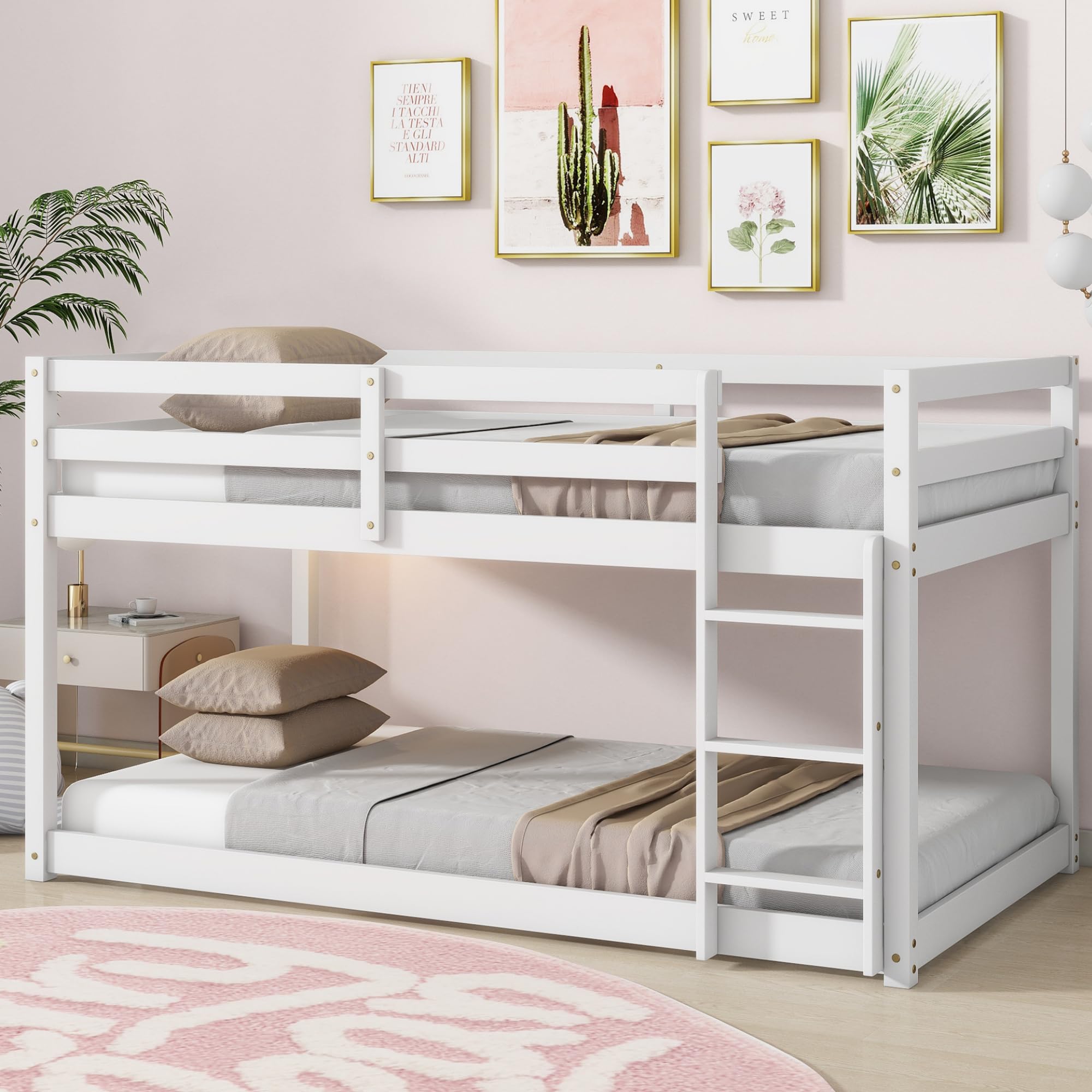 Low Bunk Beds Twin Over Twin Floor Bunk Bed Frame Junior Loft Bed for Kids Boys Girls Teens Wood Twin Bunk Bed with Safety Fence