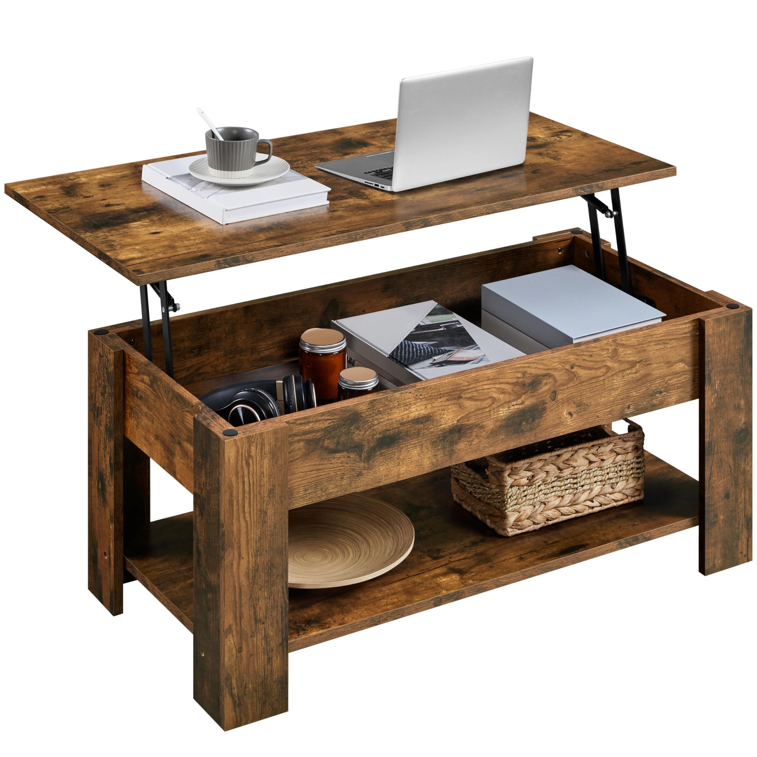 Yaheetech Vintage Coffee Table, Lift Top Coffee Table with Large Hidden Storage Shelf, Lift Tabletop Dining Table for Living Roo