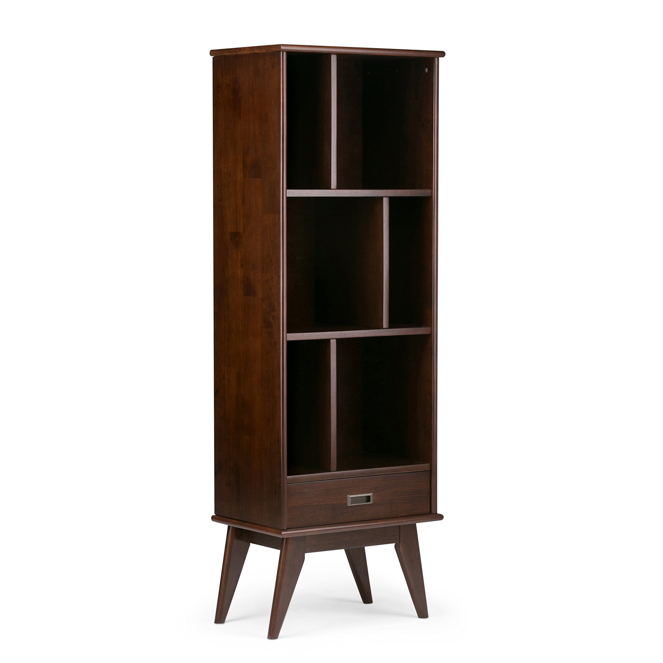 SIMPLIHOME Draper Bookcase - 64 inch Tall Solid Hardwood Storage Bookshelf in Medium Auburn Brown, Mid-Century Modern Storage fo