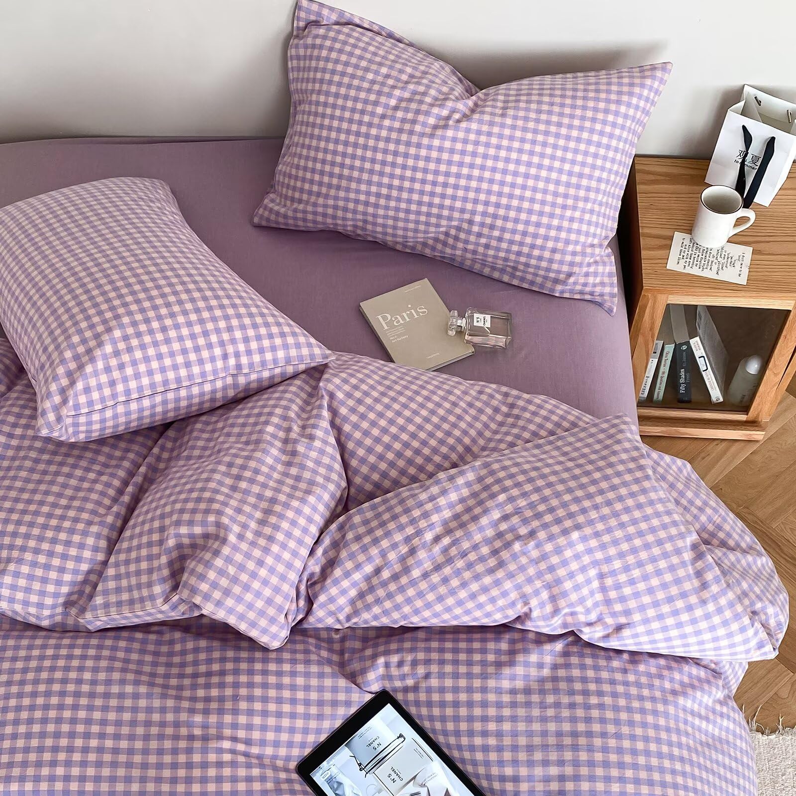 mixinni Purple Gingham Comforter Set Queen, Plaid Comforter Set 3 Pieces 1 Purple Grid Comfoter with 2 Pillow Cases for All Seas