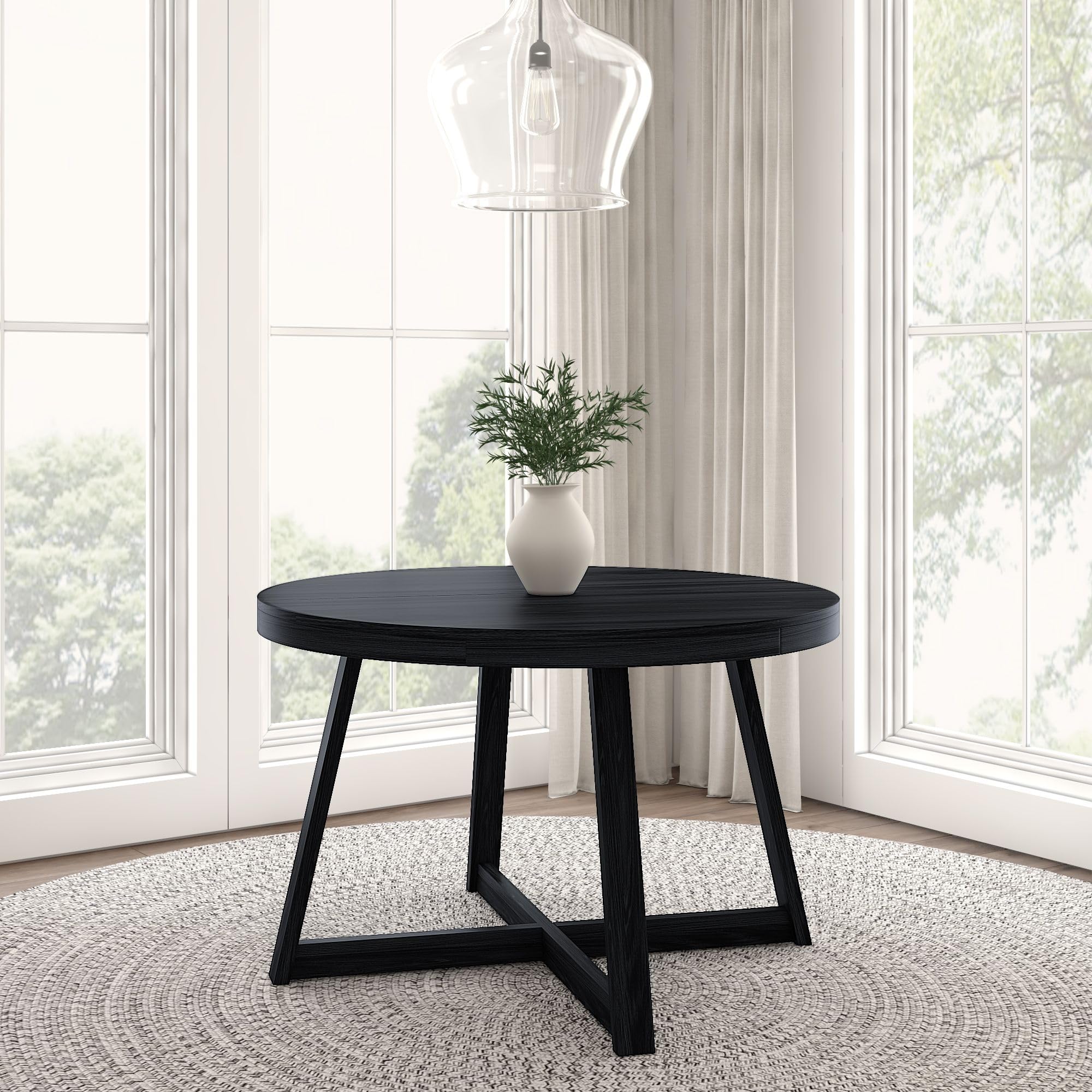 Plank+Beam Round Dining Table, 47 Inch Solid Wood Kitchen Table, Farmhouse Round Table for 4, Small Dinette Table, Black Wirebru