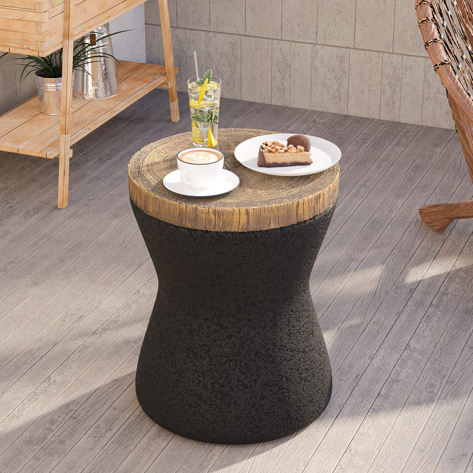 HOMPUS Concrete Outdoor Side Table Hourglass Shaped Round Coffee Table, Home Decor Plant Stand Outdoor Accent Table Modern Night